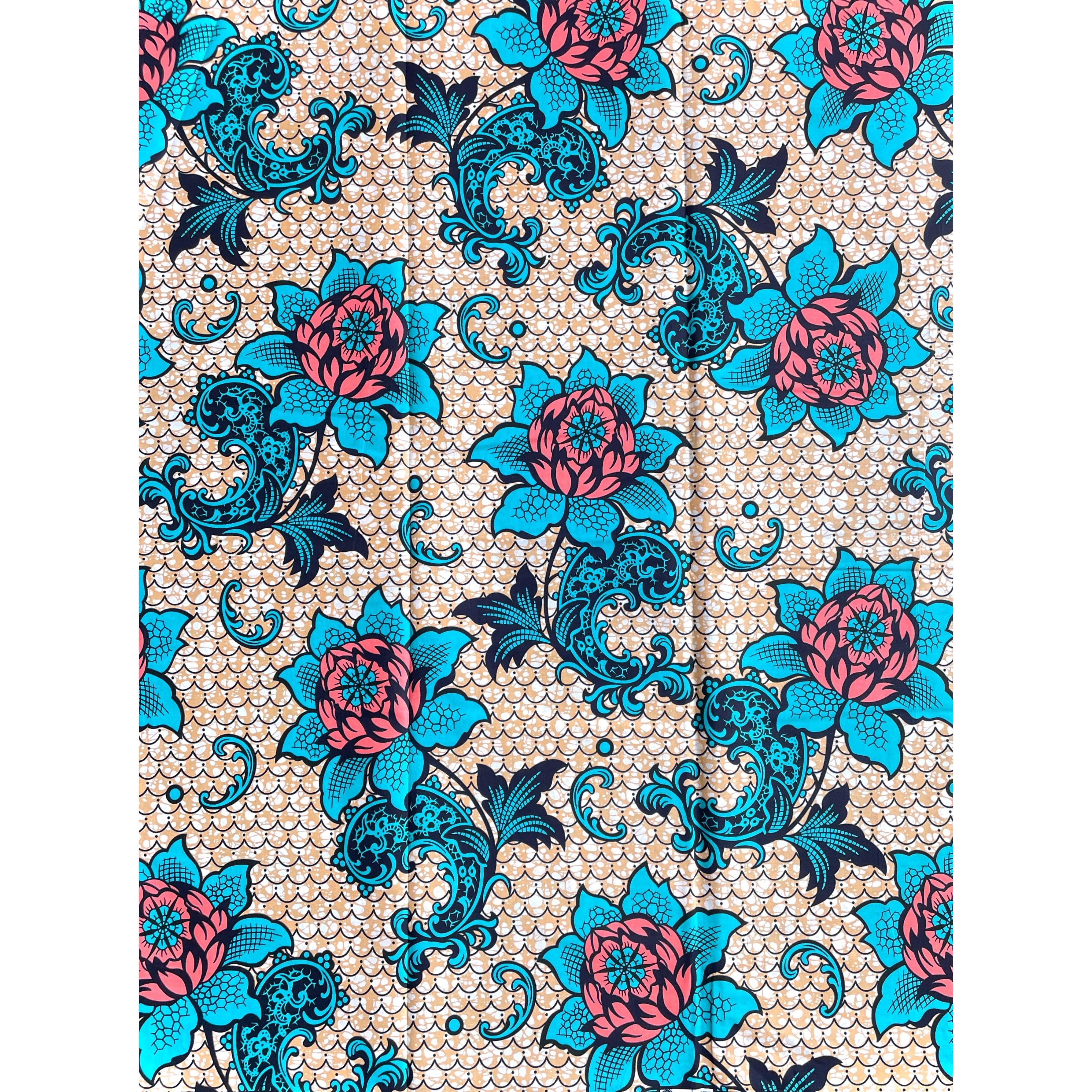 Wax Pagne Africain - Tissu 6 Yards 100% Coton - BEIGE / BLEU / ROSE