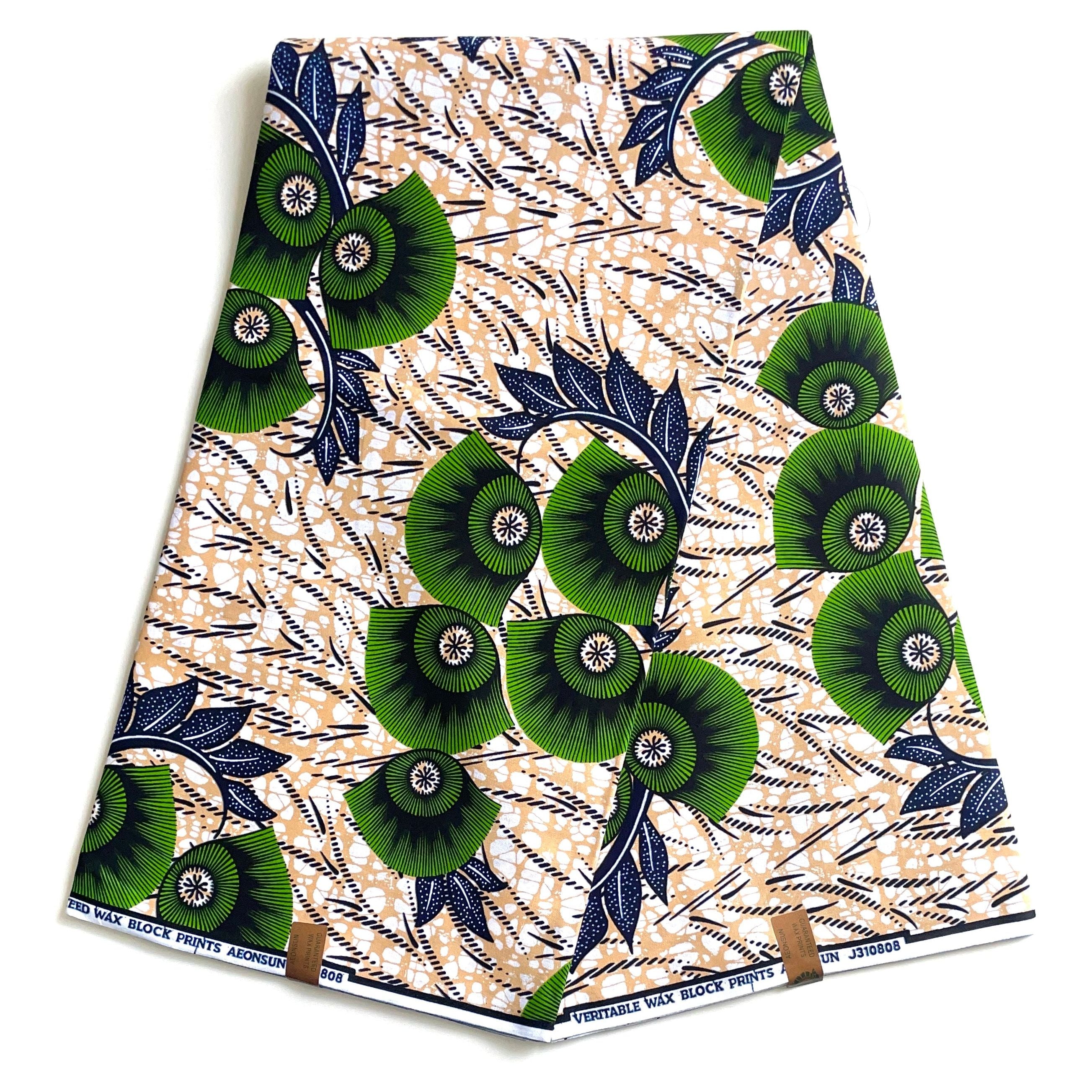 Wax Pagne Africain - Tissu 6 Yards 100% Coton - BEIGE / VERT