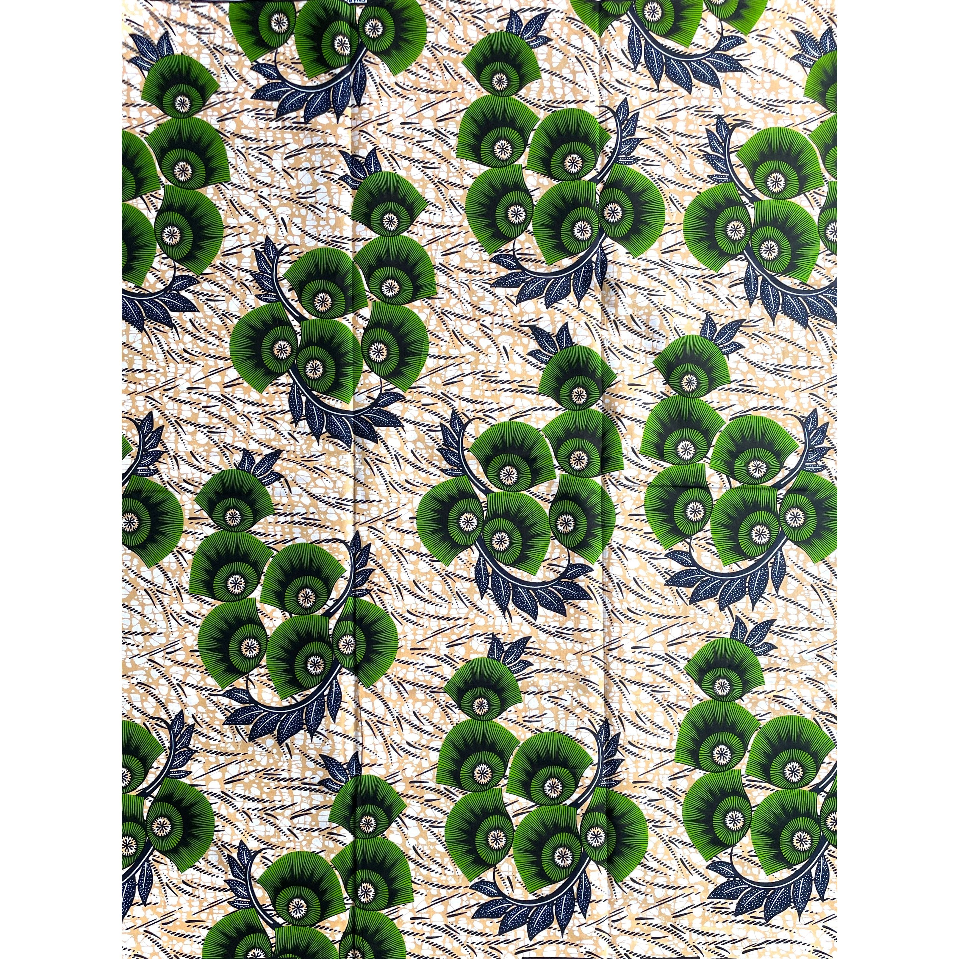 Wax Pagne Africain - Tissu 6 Yards 100% Coton - BEIGE / VERT