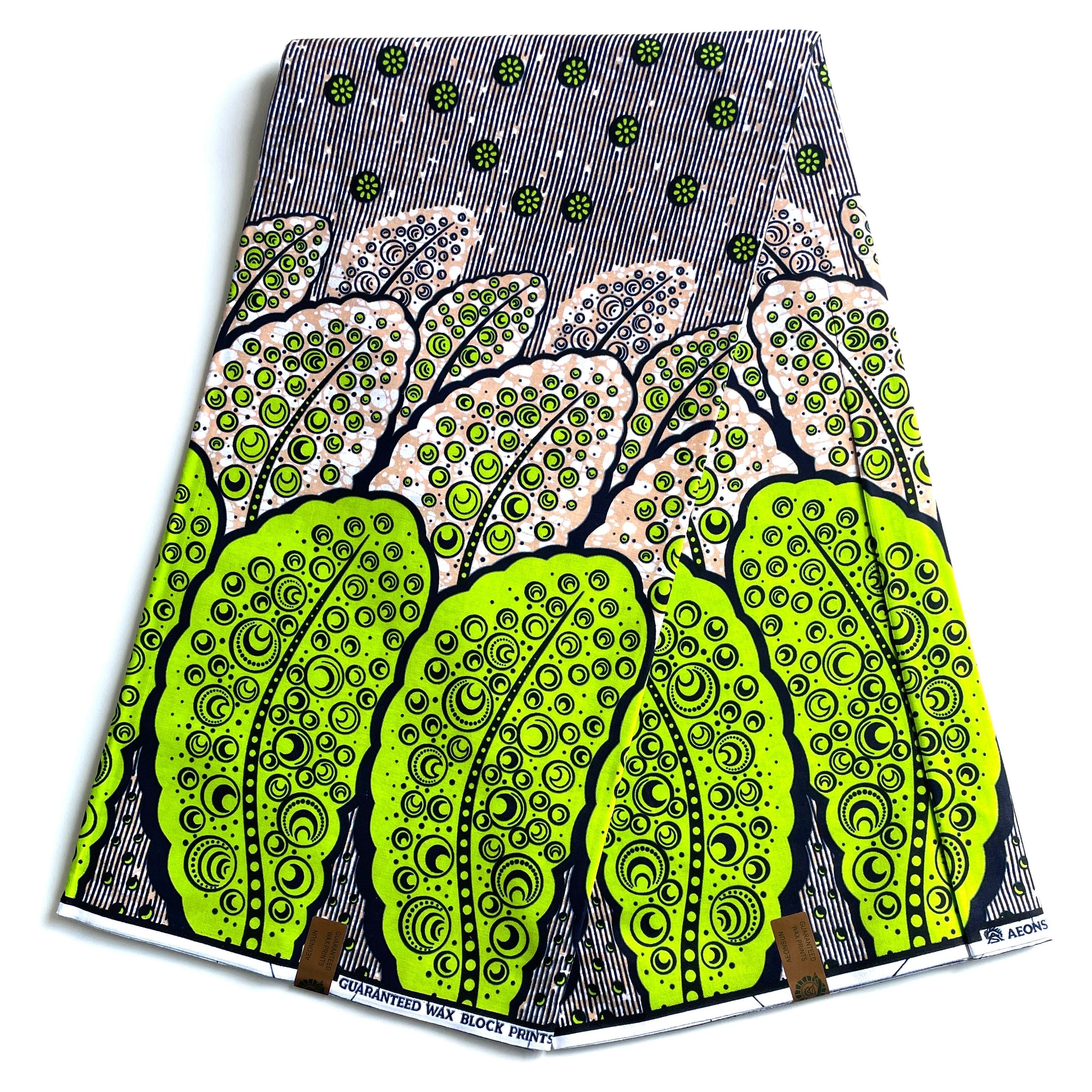 Wax Pagne Africain - Tissu 6 Yards 100% Coton - VERT FLUO / ROSE CLAIR
