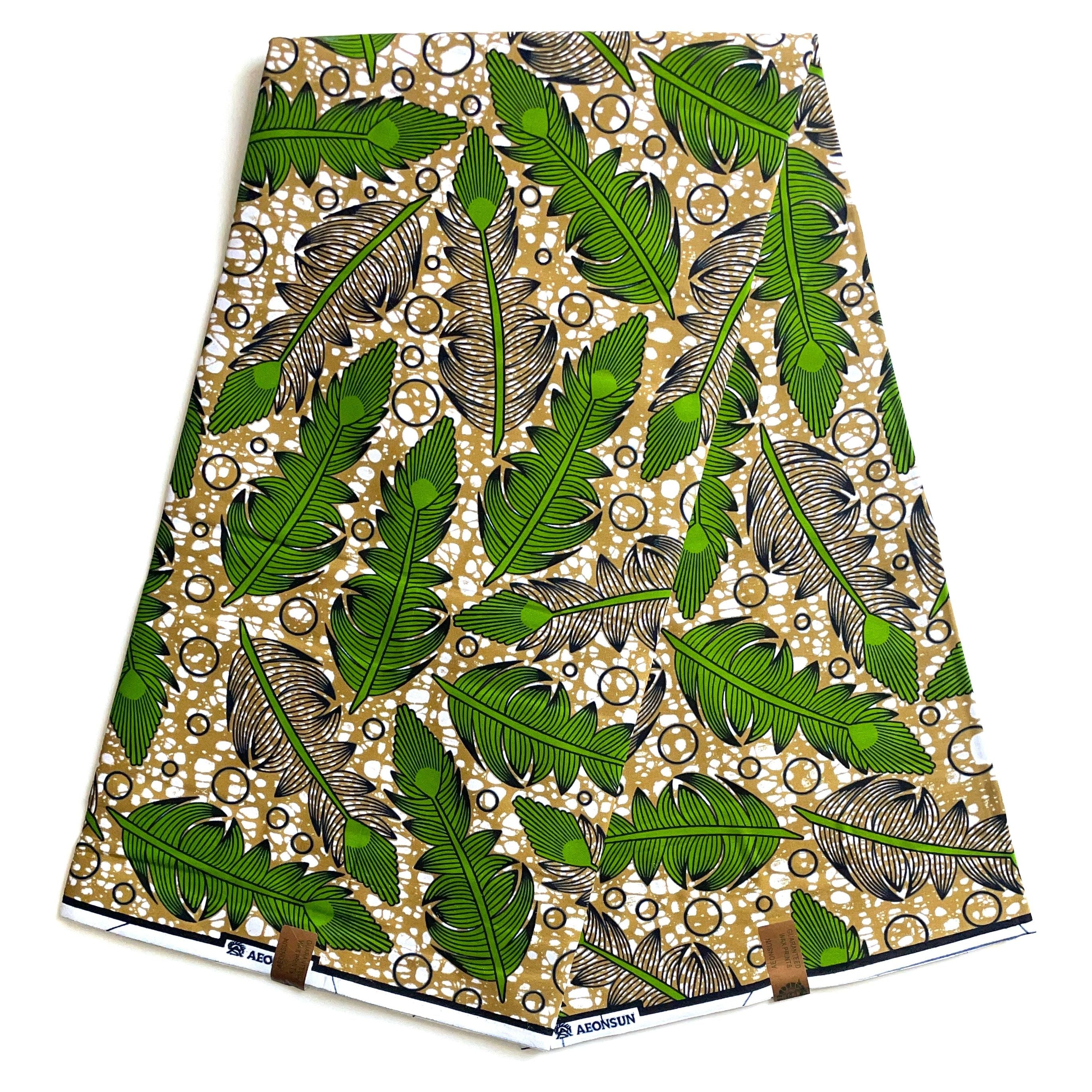 Wax Pagne Africain - Tissu 6 Yards 100% Coton - VERT / BEIGE