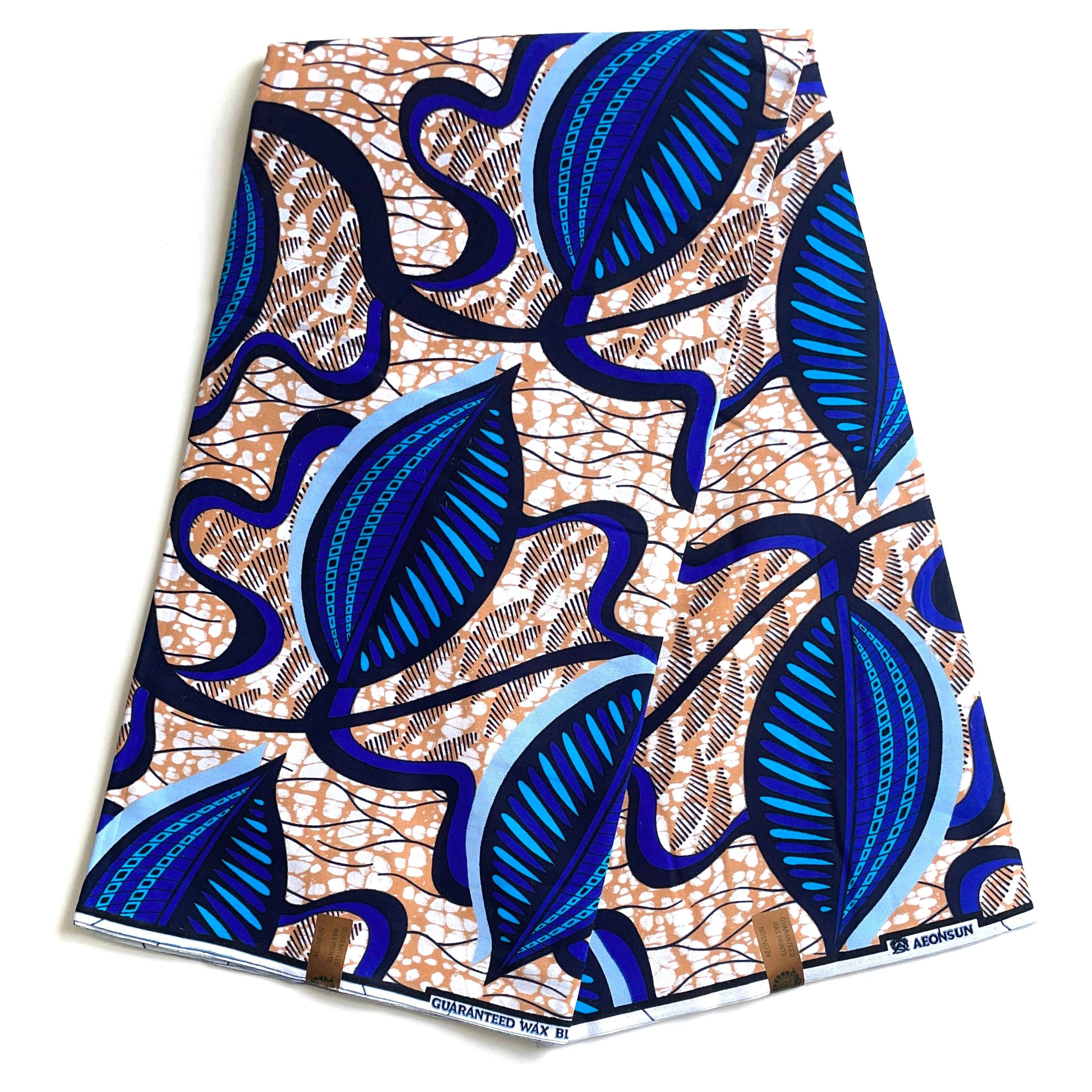 Wax Pagne Africain - Tissu 6 Yards 100% Coton - BLEU / BEIGE