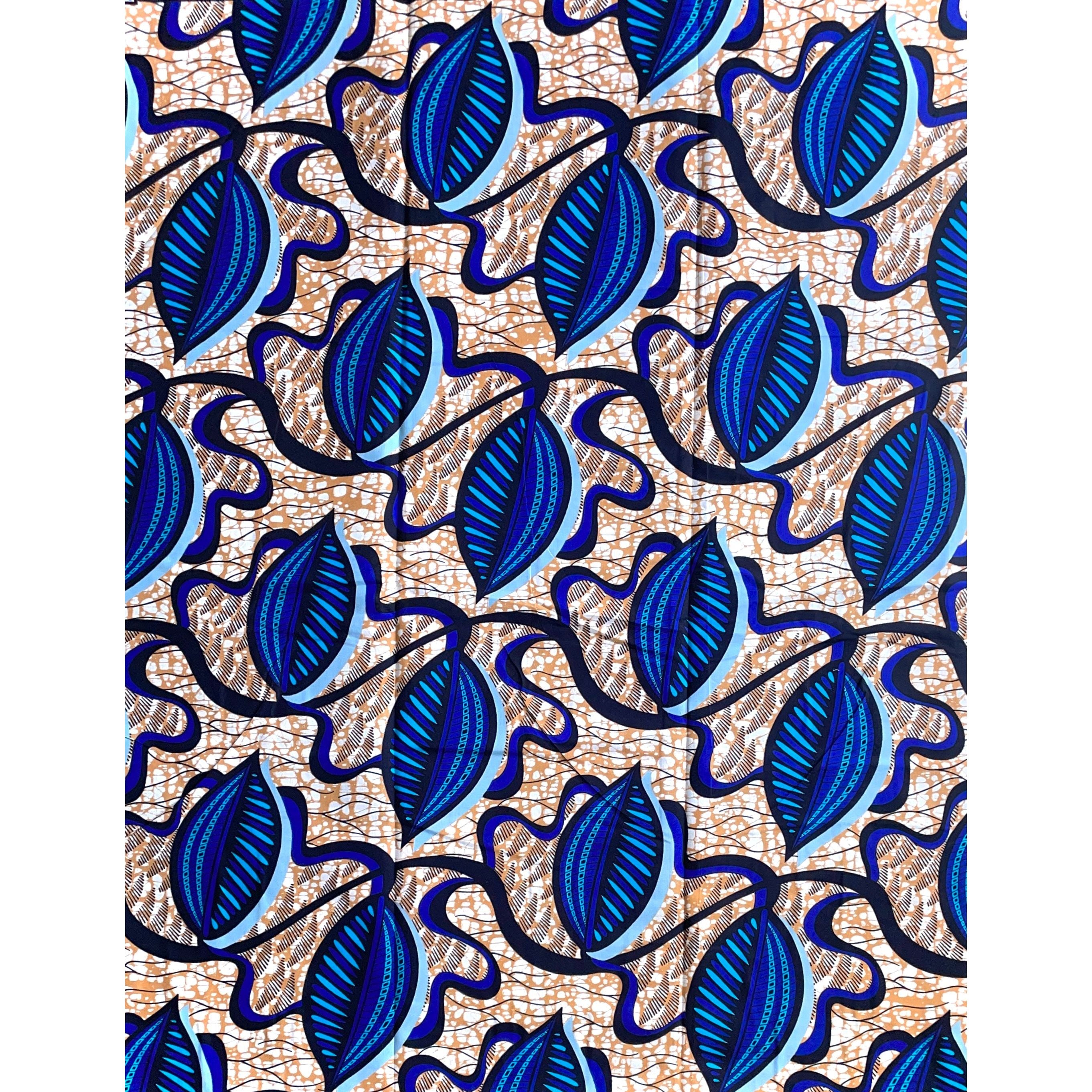 Wax Pagne Africain - Tissu 6 Yards 100% Coton - BLEU / BEIGE