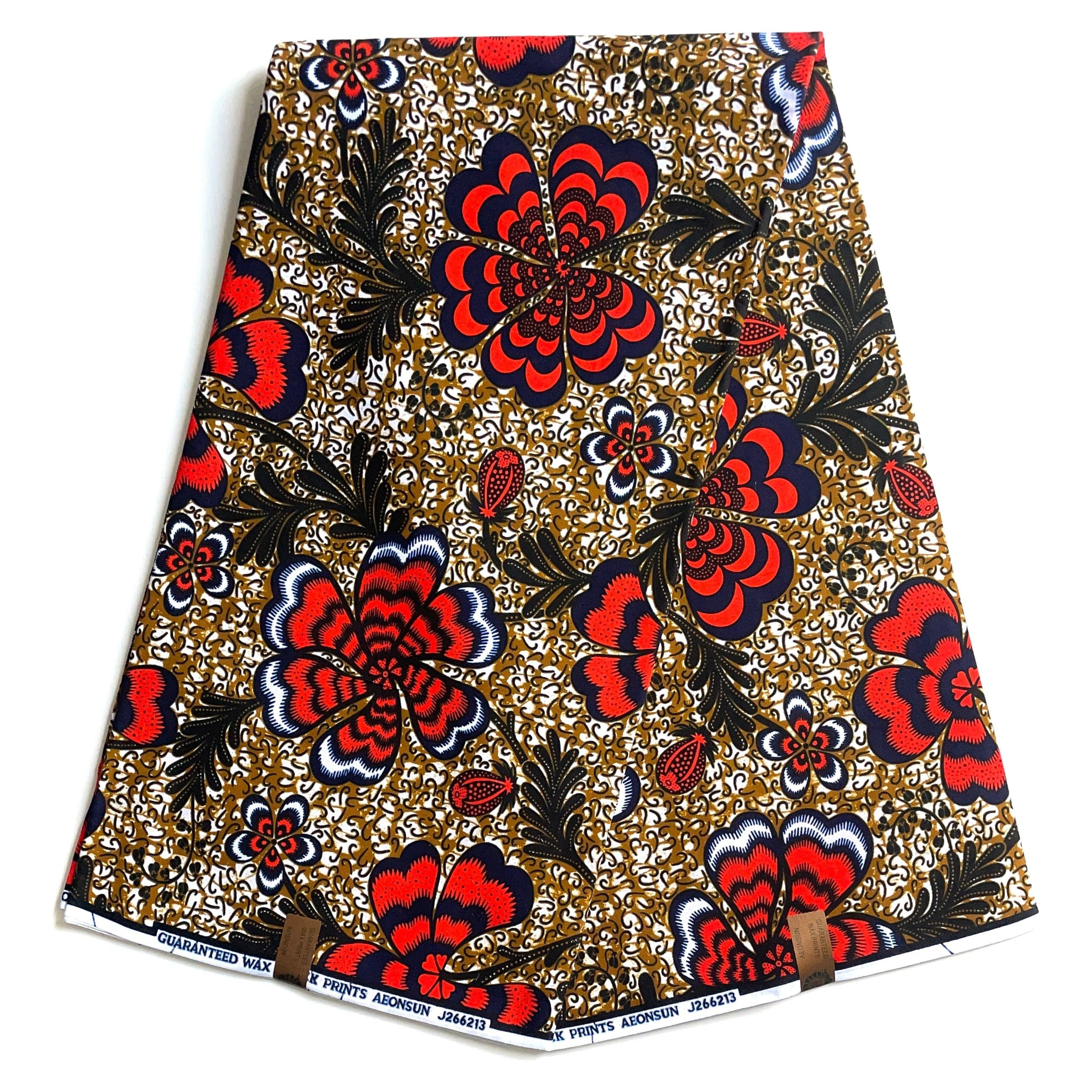 Wax Pagne Africain - Tissu 6 Yards 100% Coton - ROUGE / MARRON