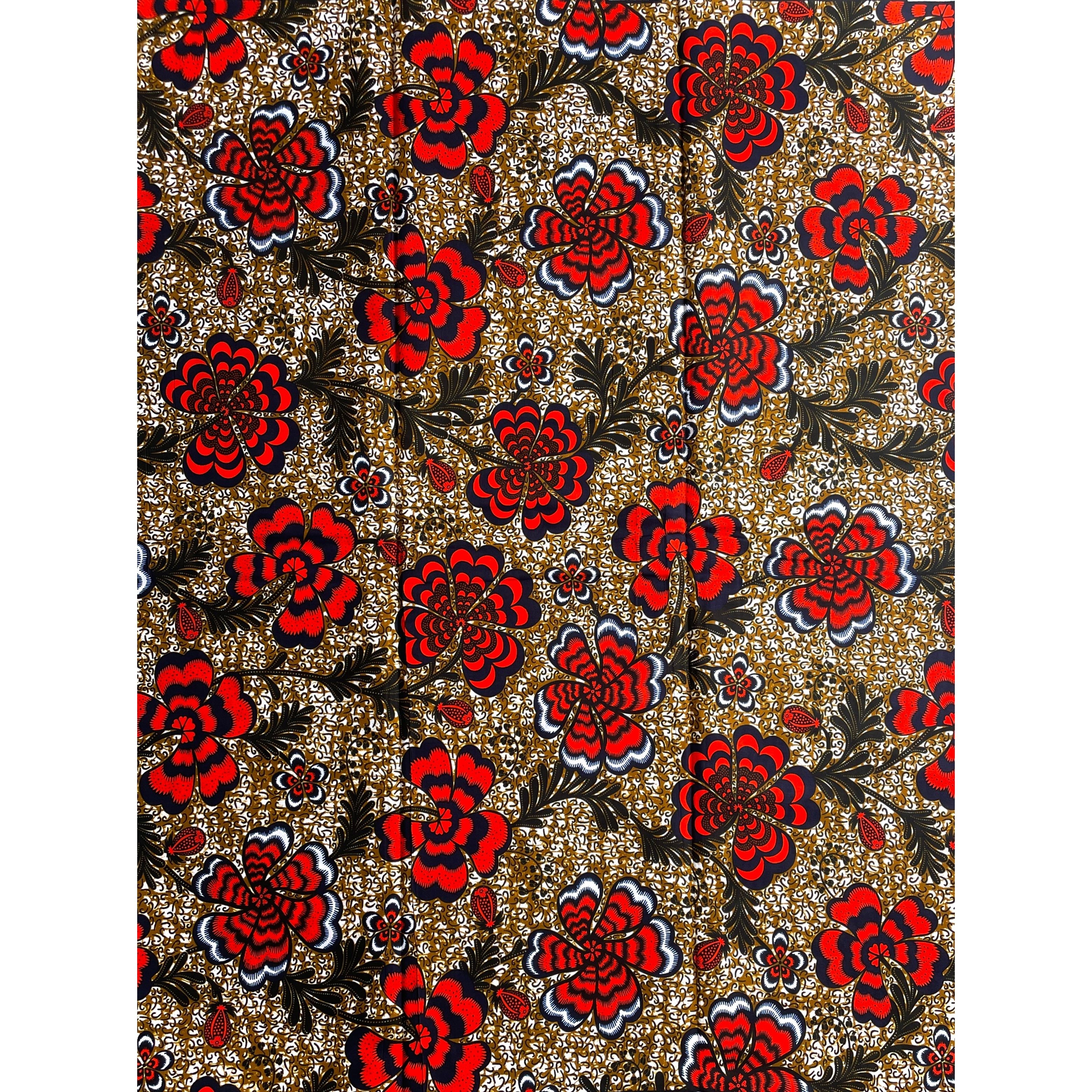Wax Pagne Africain - Tissu 6 Yards 100% Coton - ROUGE / MARRON