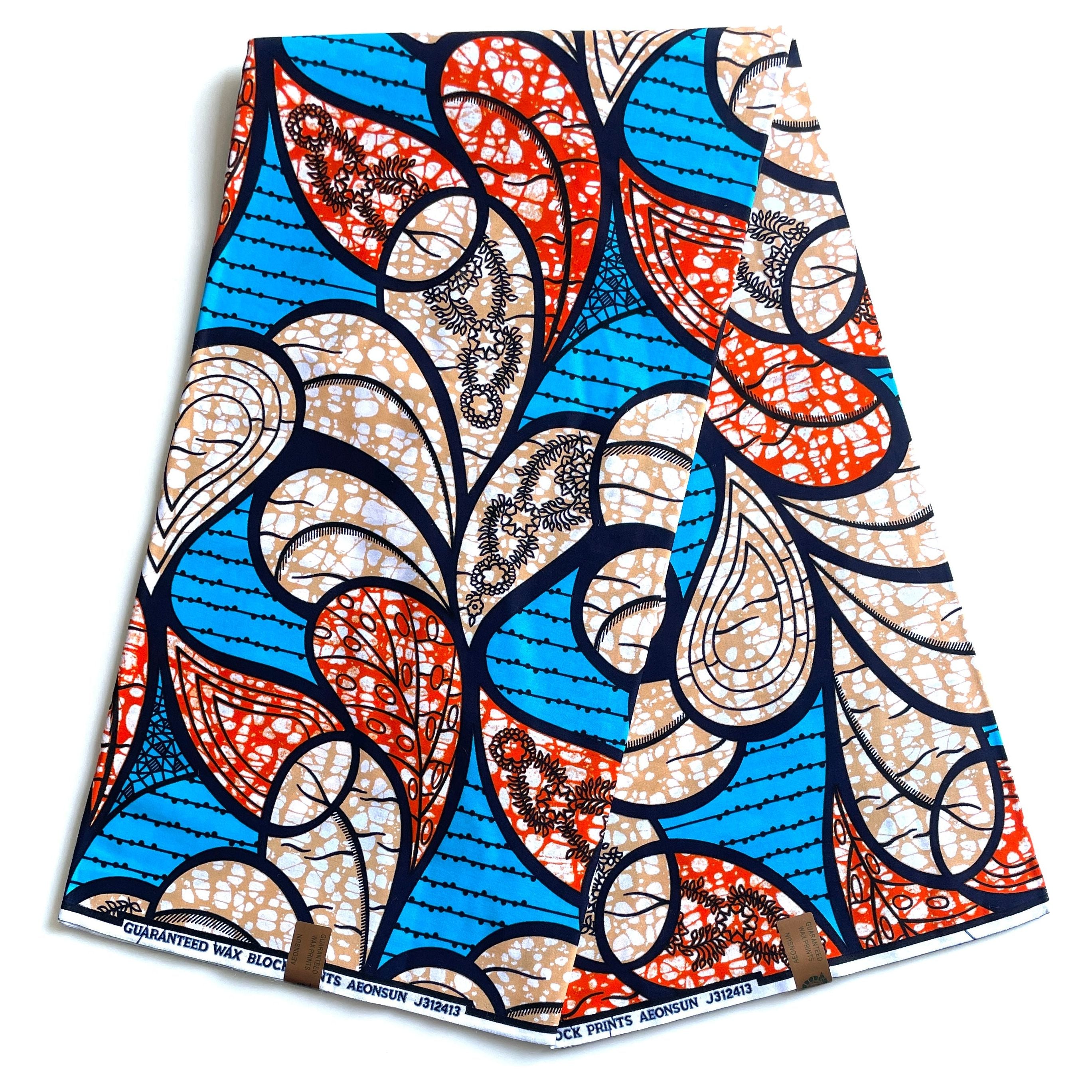 Wax Pagne Africain - Tissu 6 Yards 100% Coton - BLEU CIEL / BEIGE