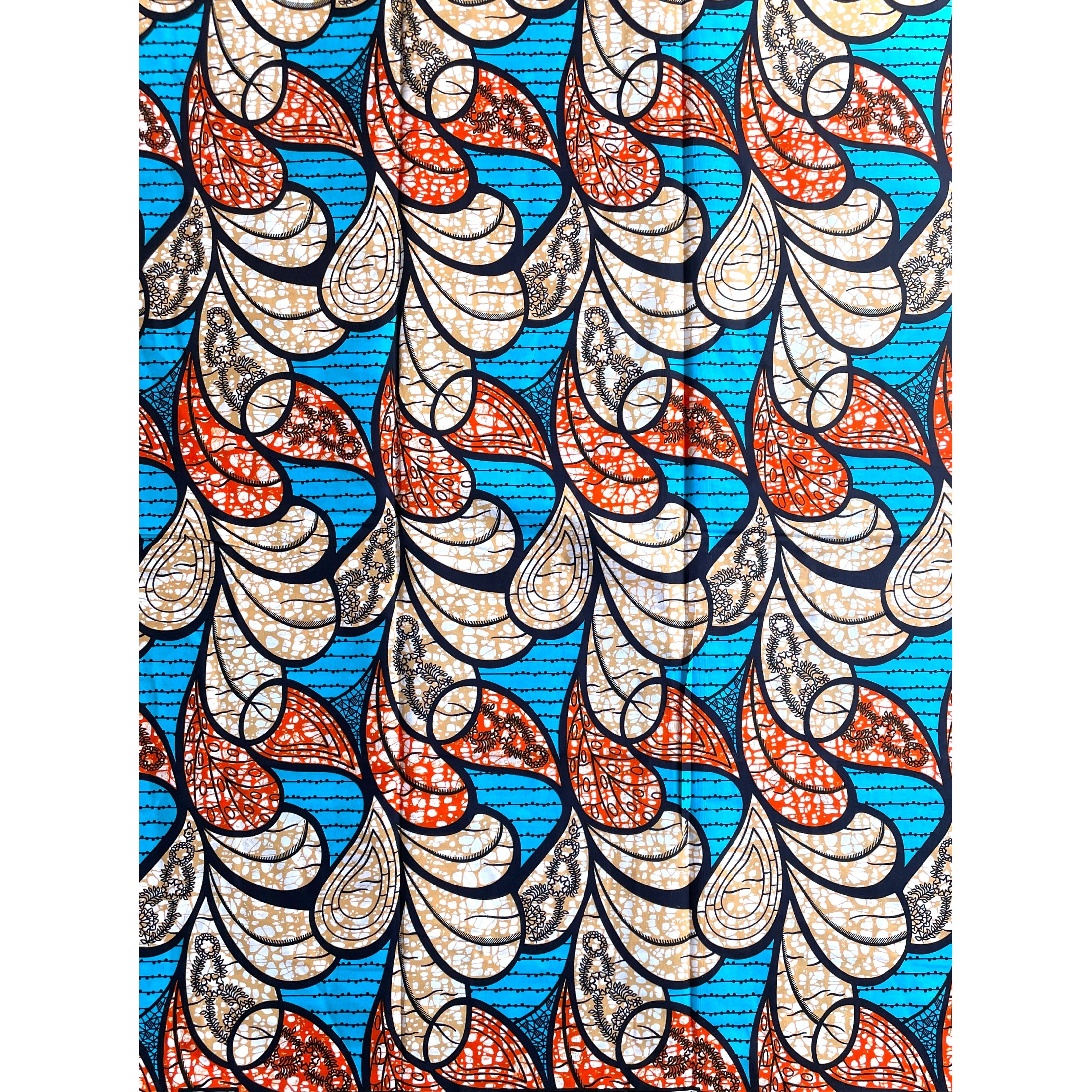 Wax Pagne Africain - Tissu 6 Yards 100% Coton - BLEU CIEL / BEIGE