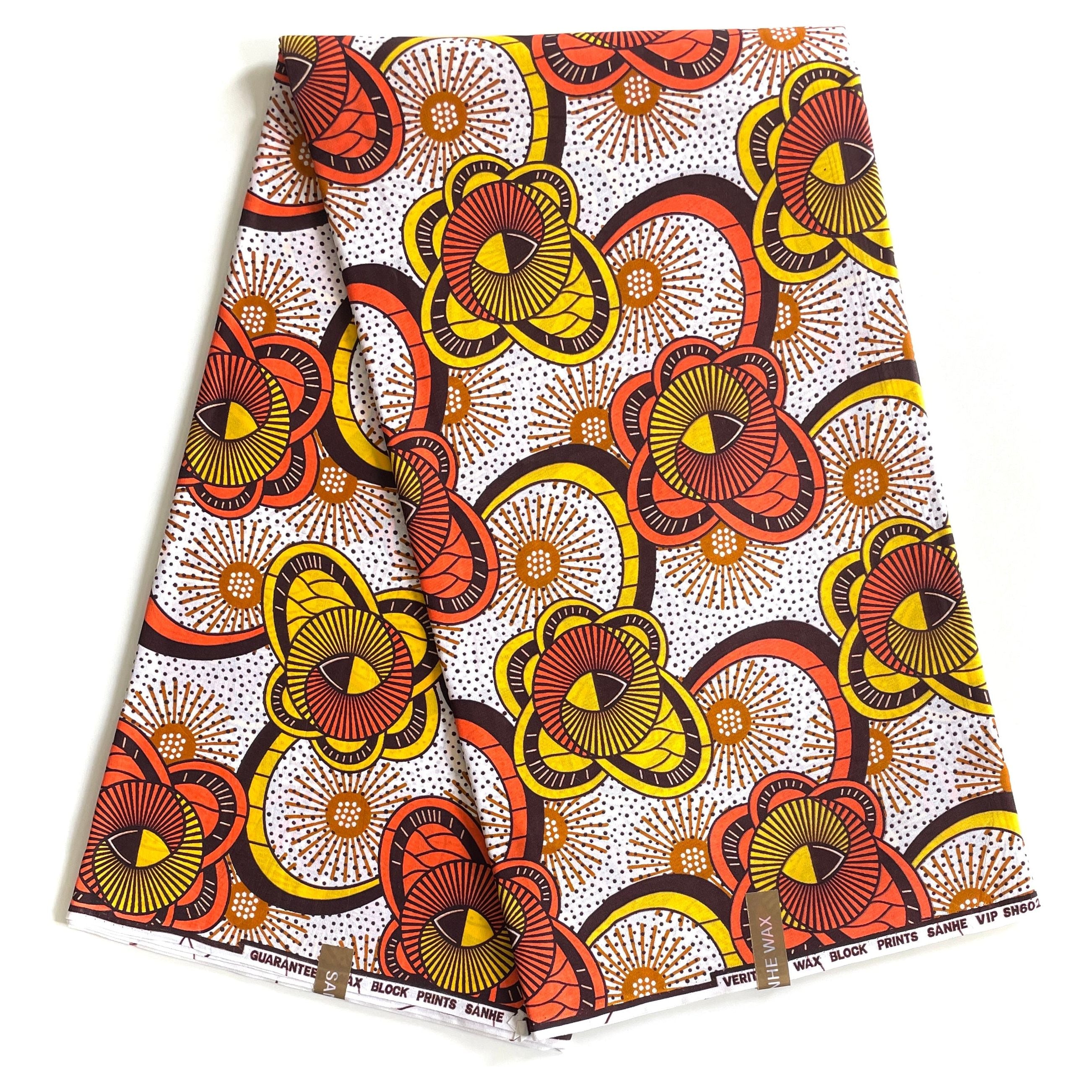 Wax Pagne Africain - Tissu 6 Yards 100% Coton - ORANGE / JAUNE