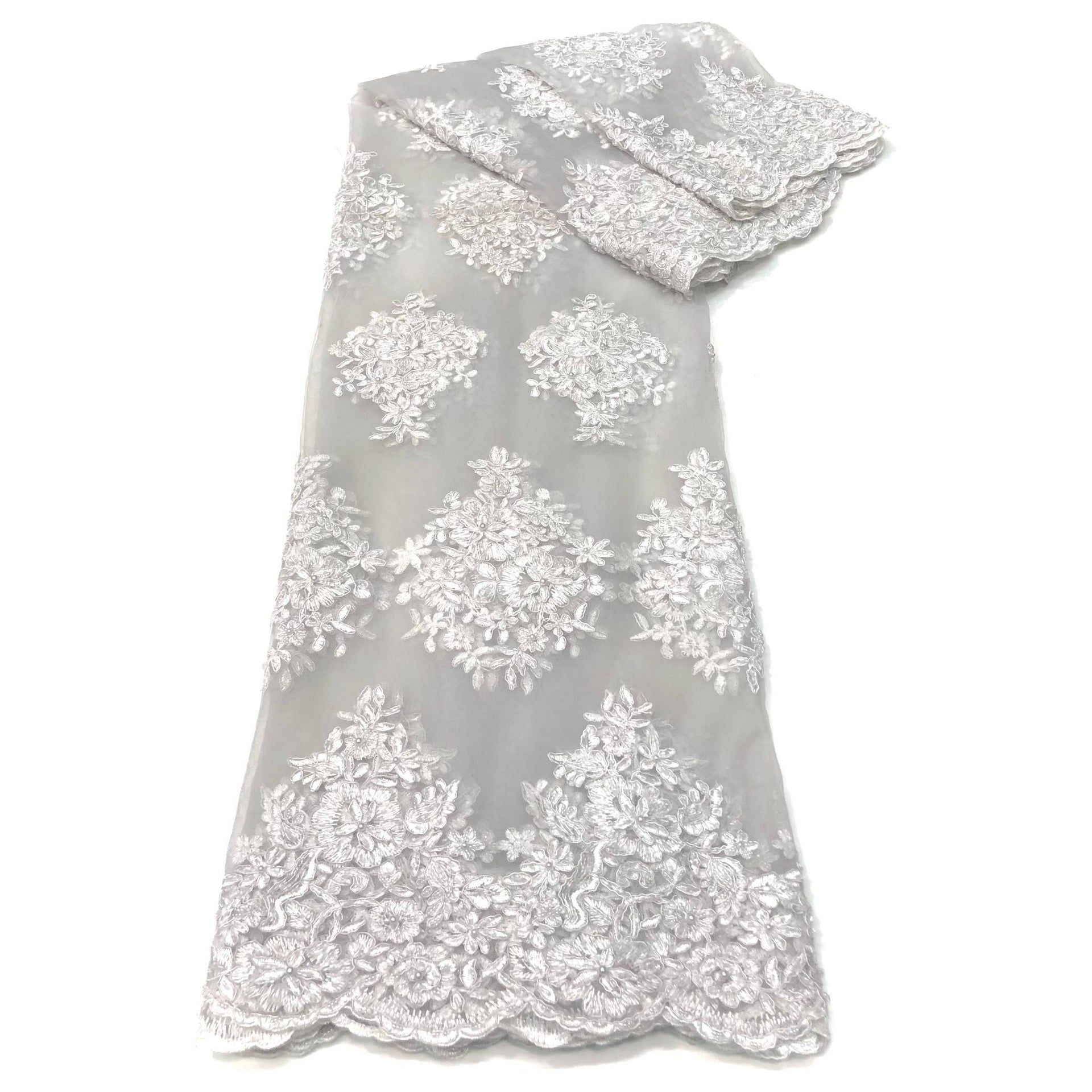 TULLE Beaded African Embroidery - 4 Yards Fabric - WHITE