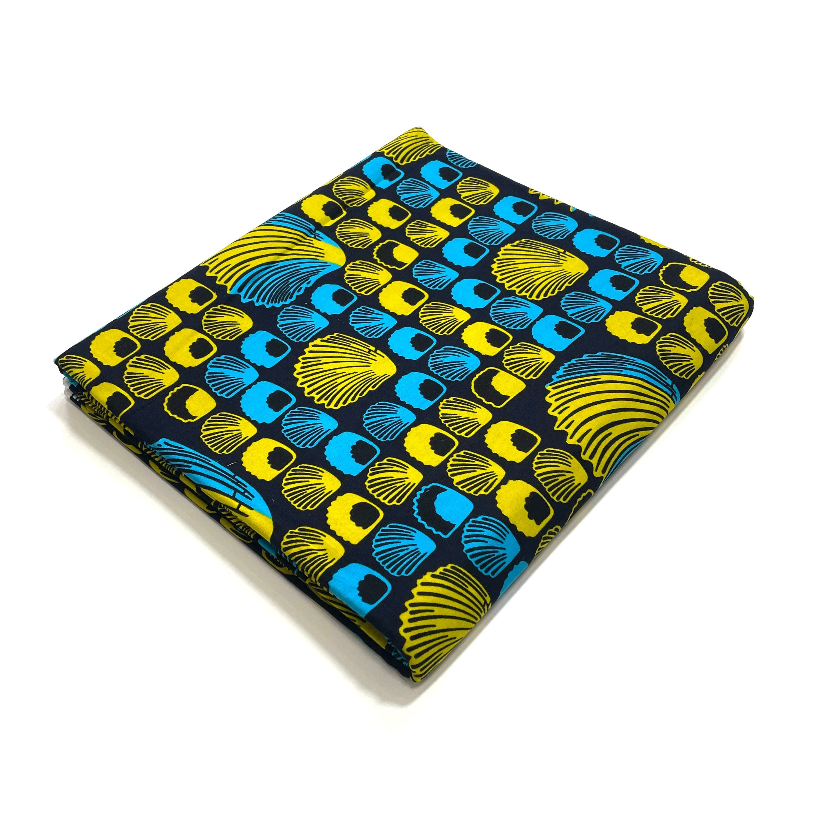 Wax Tissu Pagne Africain - Coupon 2 Yards 100% Coton - BLEU / JAUNE