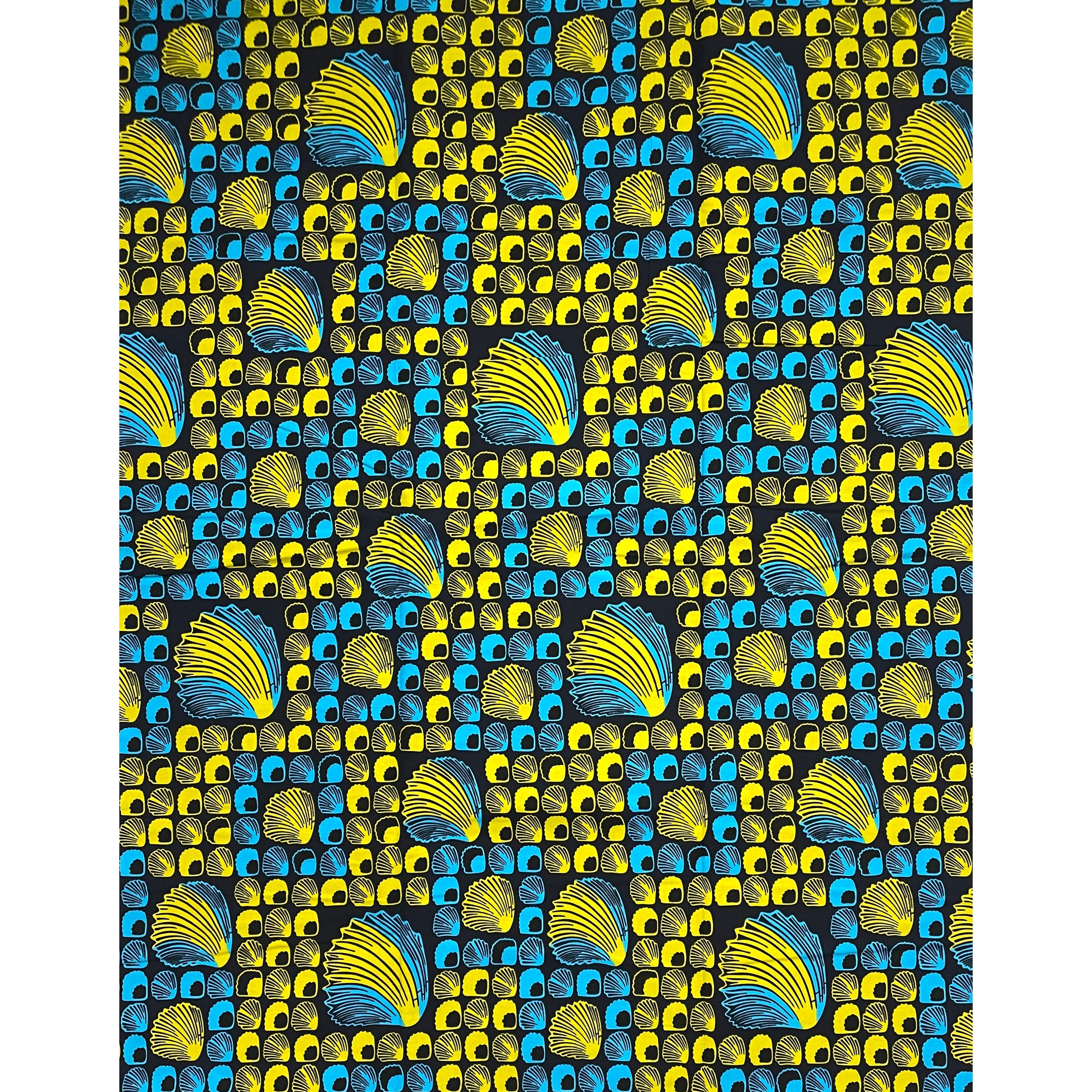 Wax Tissu Pagne Africain - Coupon 2 Yards 100% Coton - BLEU / JAUNE