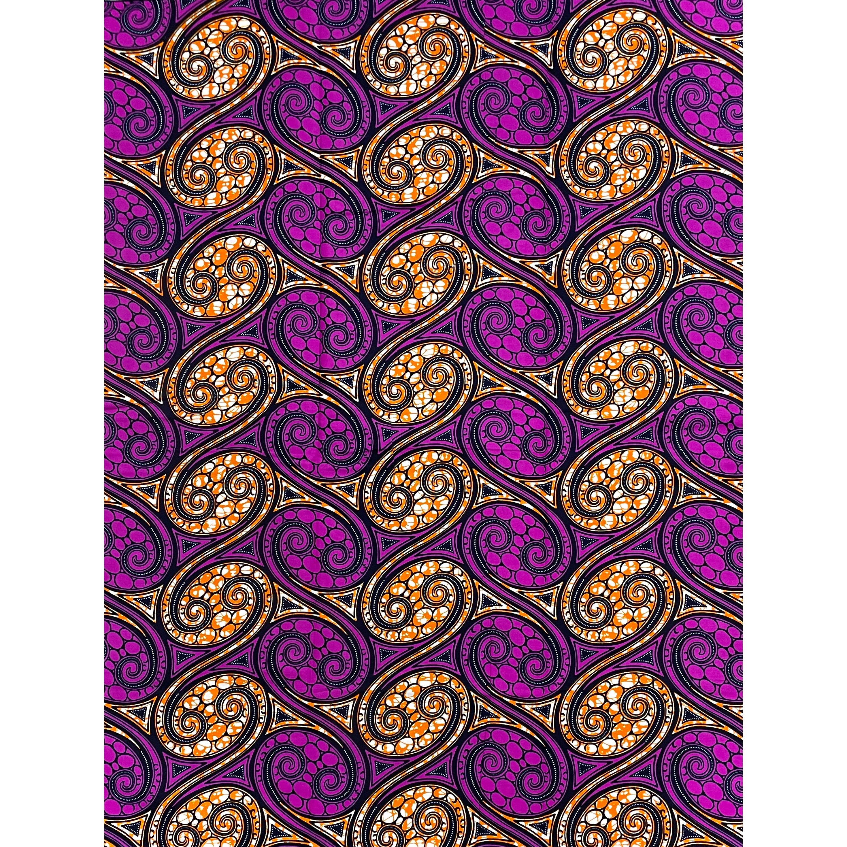 Wax Pagne Africain - Tissu 6 Yards 100% Coton - VIOLET / ORANGE