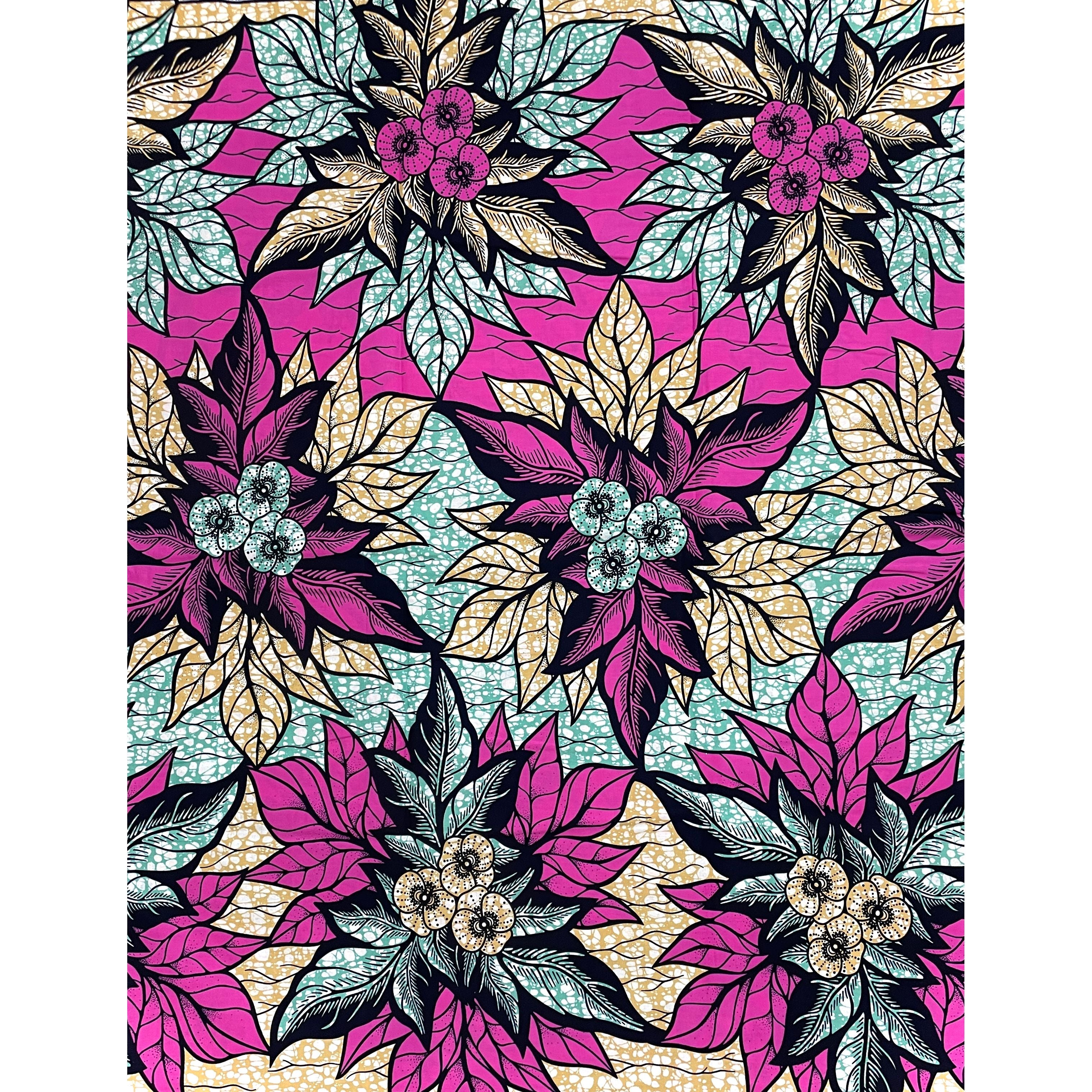 Wax Tissu Pagne Africain - Coupon 2 Yards 100% Coton - ROSE / TURQUOISE