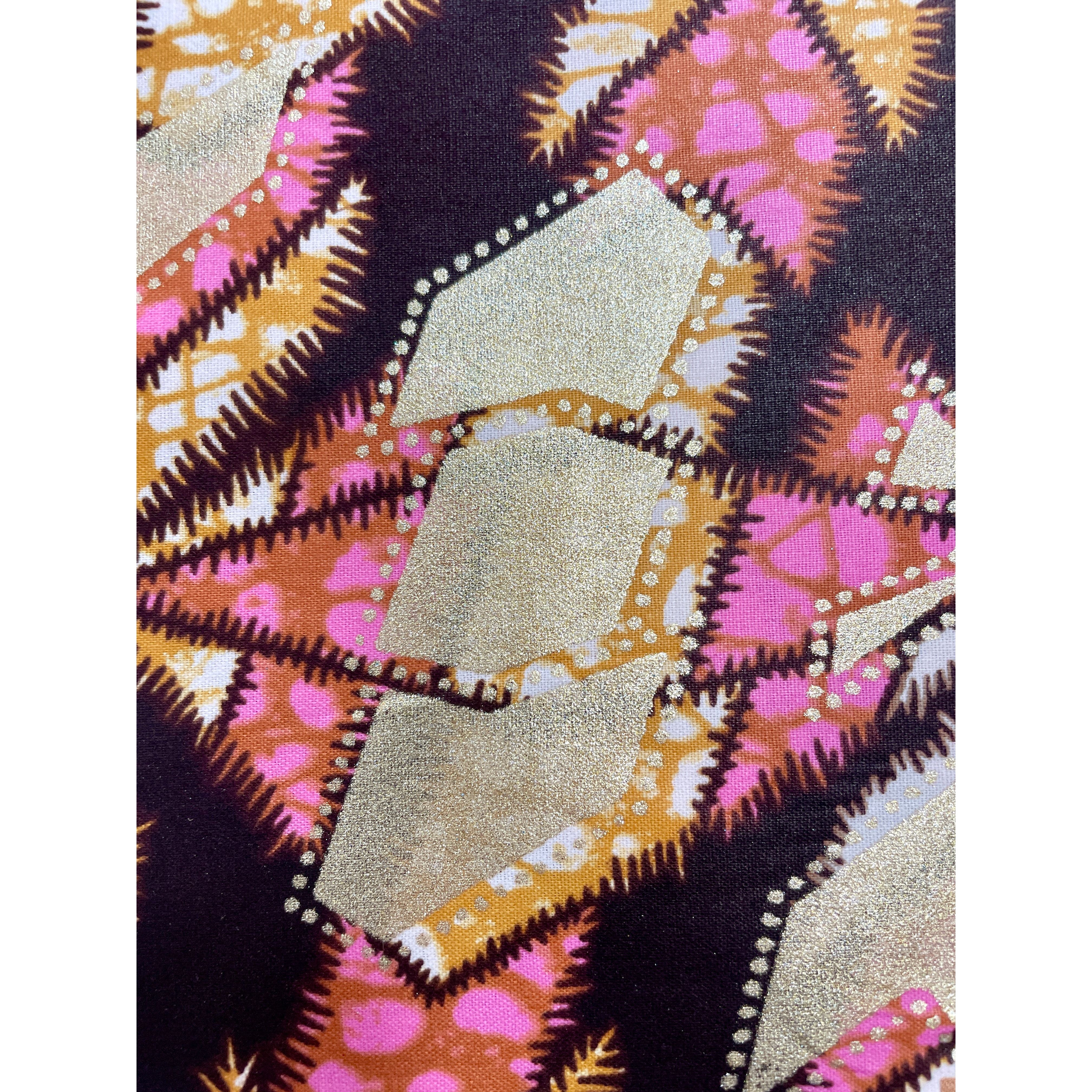 Wax Tissu Pagne Africain - Coupon 2 Yards 100% Coton - GOLDEN ROSE / MARRON