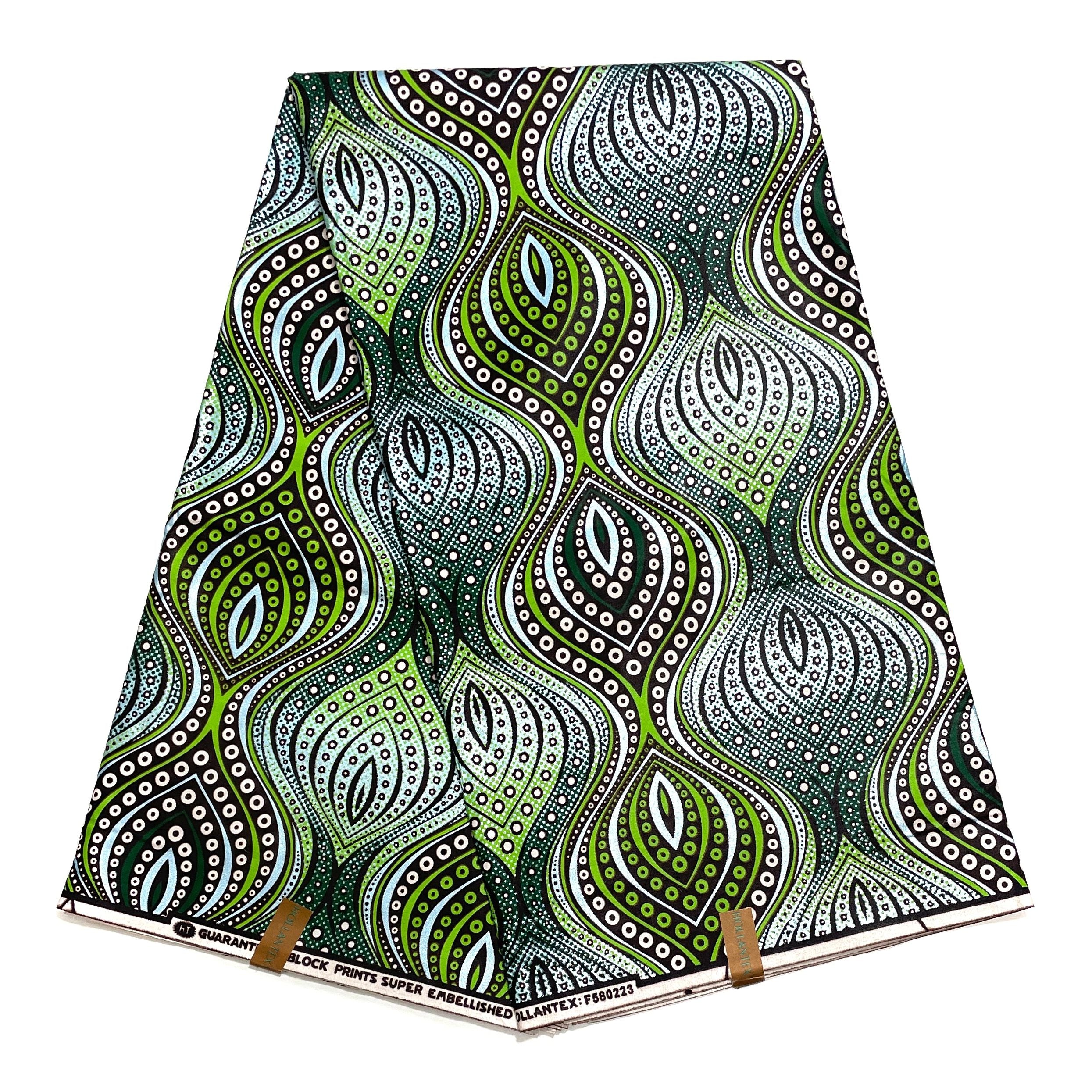 Wax Pagne Africain - Tissu 6 Yards 100% Coton - ARGENT / VERT