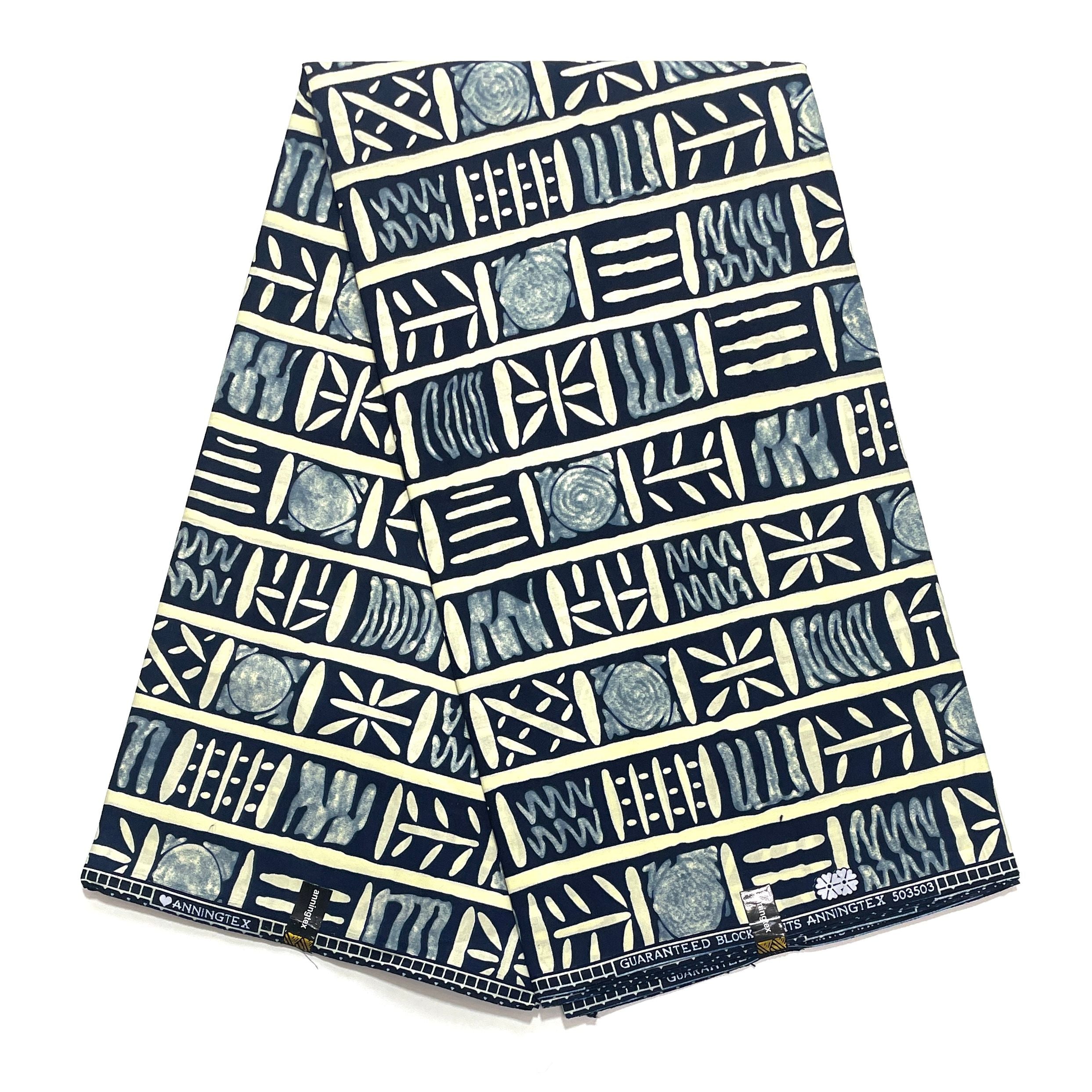 Wax Pagne Africain - Tissu 6 Yards 100% Coton - BOGOLAN BLEU / BEIGE