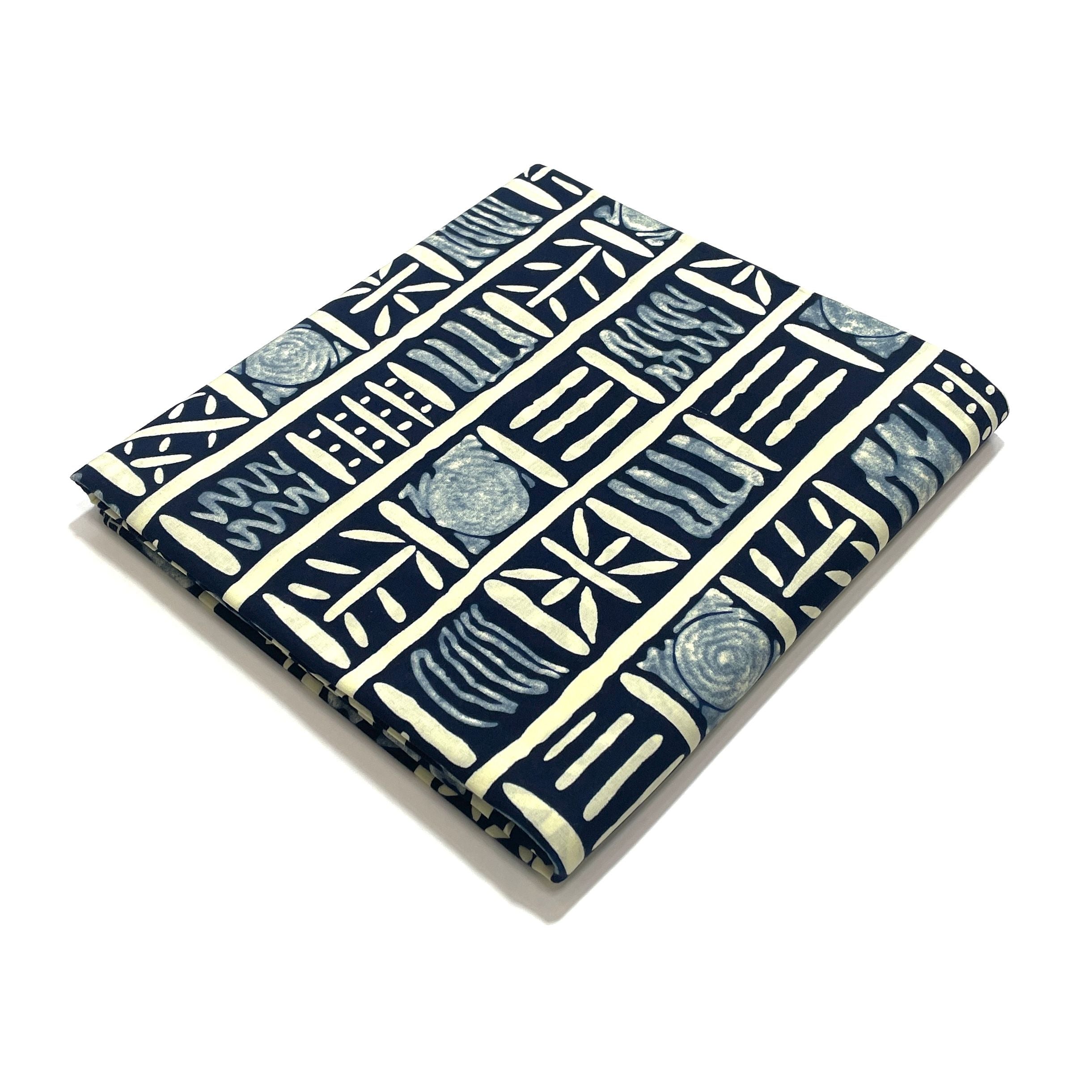 Wax Tissu Pagne Africain - Coupon 2 Yards 100% Coton - BOGOLAN BLEU / BEIGE