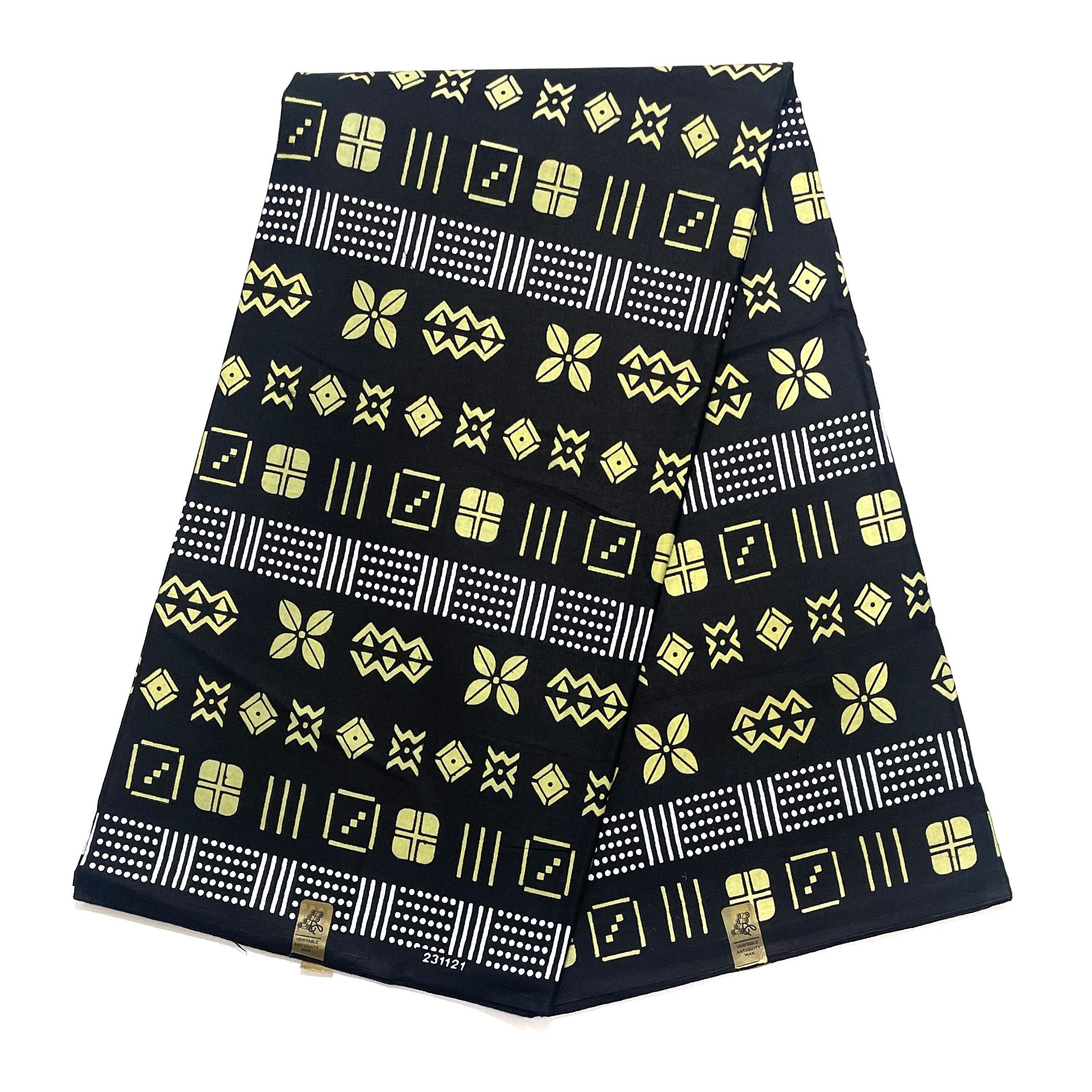 Wax Pagne Africain - Tissu 6 Yards 100% Coton - BOGOLAN NOIR / JAUNE CLAIR