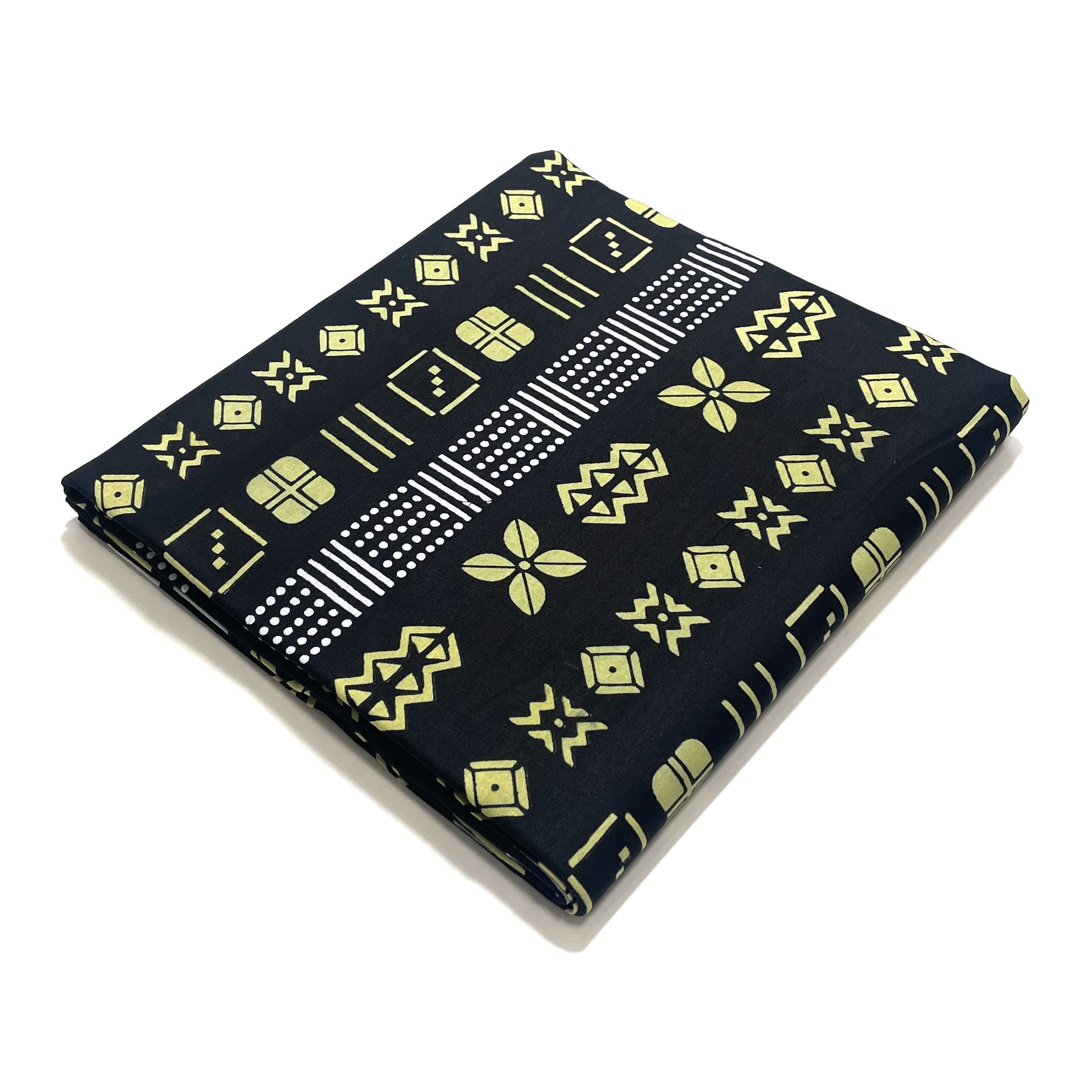 Wax Tissu Pagne Africain - Coupon 2 Yards 100% Coton - BOGOLAN NOIR / JAUNE CLAIR