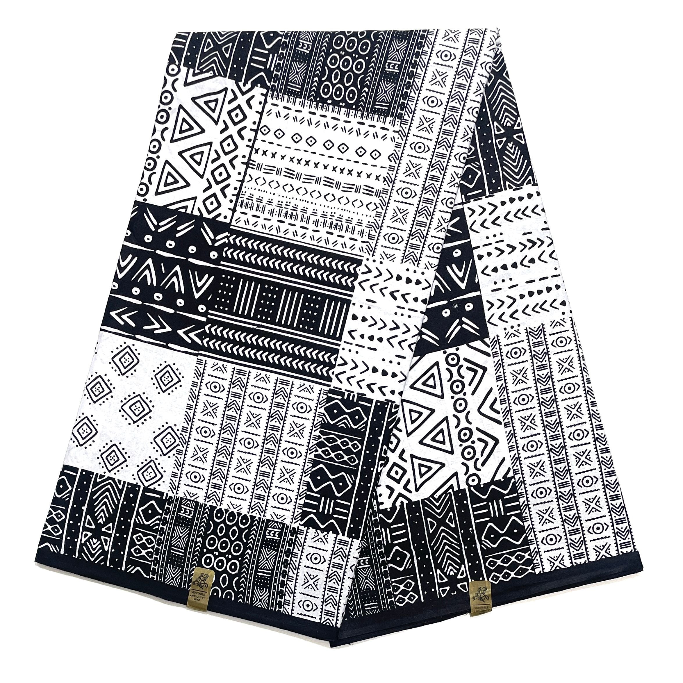 Wax Pagne Africain - Tissu 6 Yards 100% Coton - BOGOLAN NOIR / BLANC