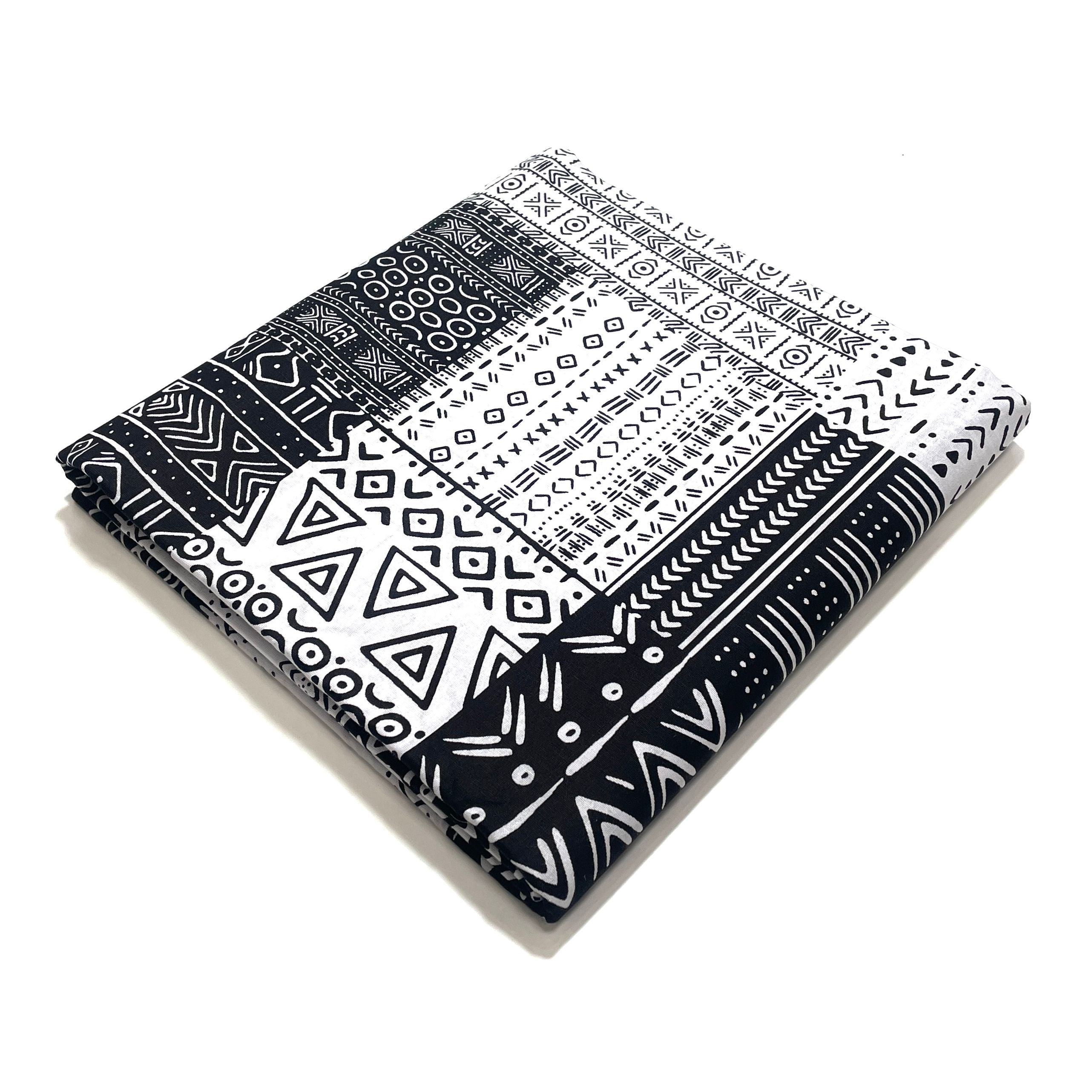 Wax Tissu Pagne Africain - Coupon 2 Yards 100% Coton - BOGOLAN NOIR / BLANC