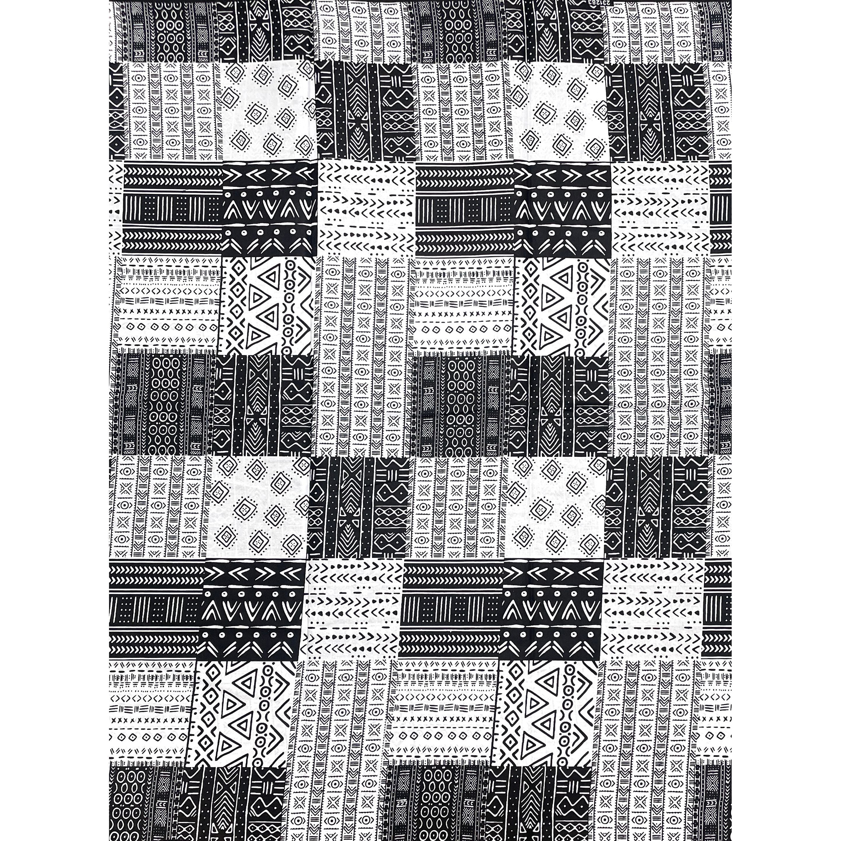 Wax Tissu Pagne Africain - Coupon 2 Yards 100% Coton - BOGOLAN NOIR / BLANC