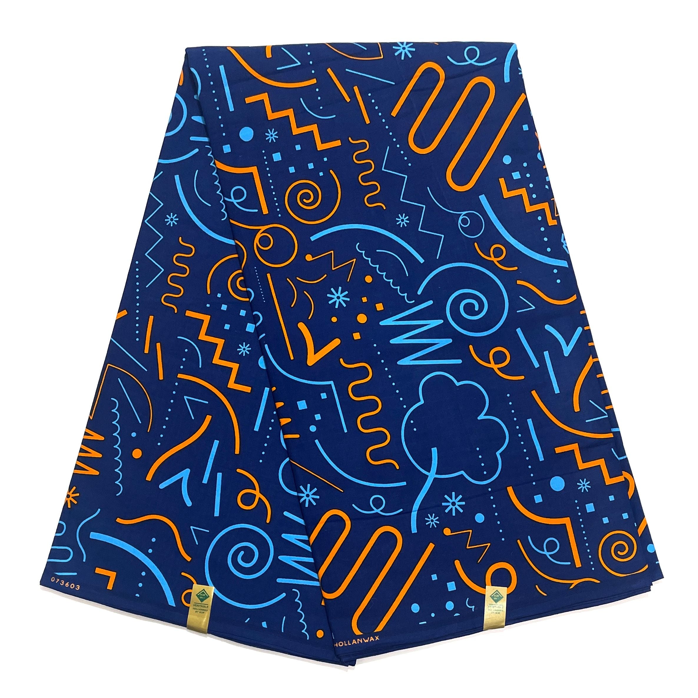 Wax Pagne Africain - Tissu 6 Yards 100% Coton - BOGOLAN BLEU / ORANGE