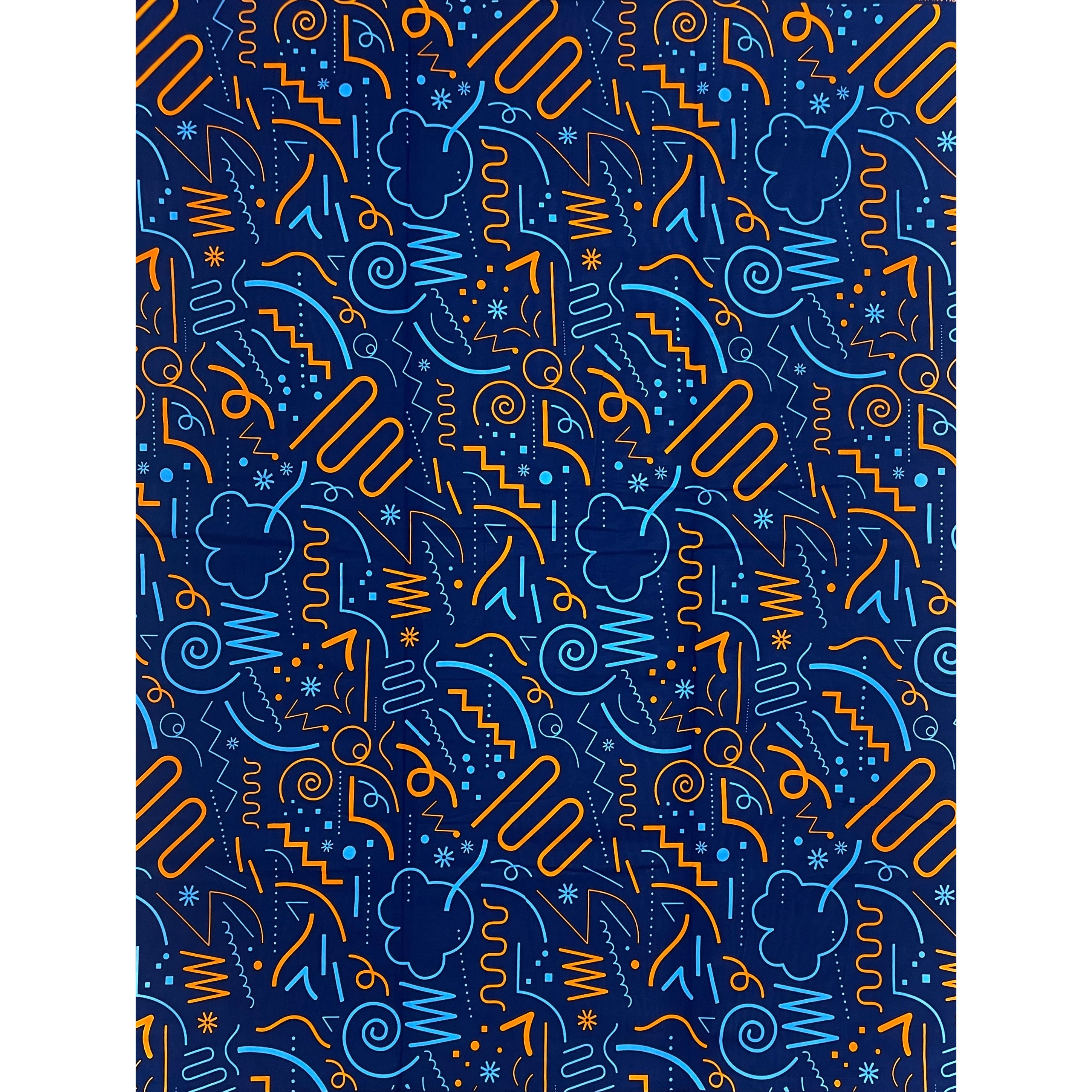 Wax Tissu Pagne Africain - Coupon 2 Yards 100% Coton - BOGOLAN BLEU / ORANGE