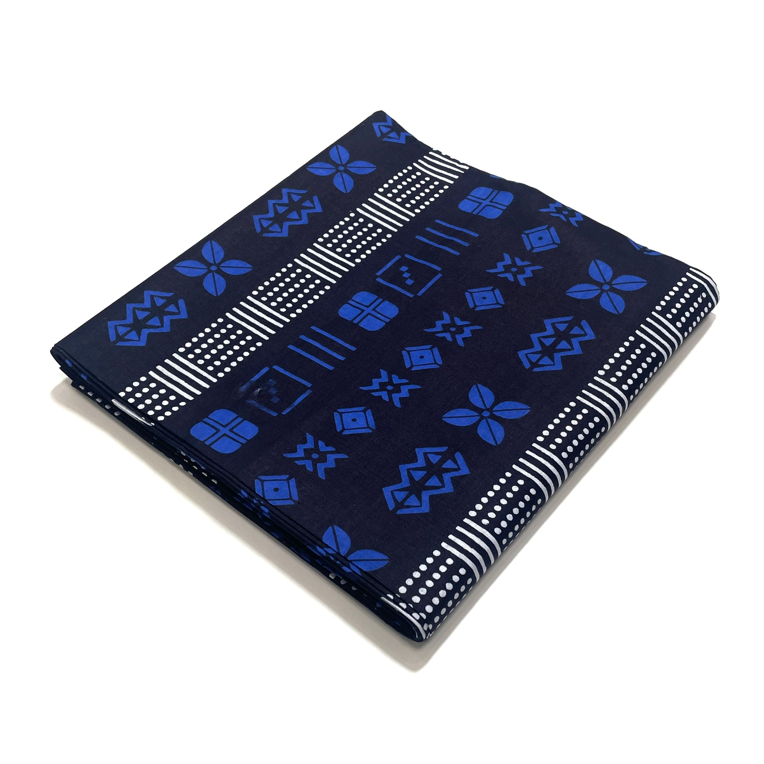 Wax Tissu Pagne Africain - Coupon 2 Yards 100% Coton - BOGOLAN BLEU / BLANC