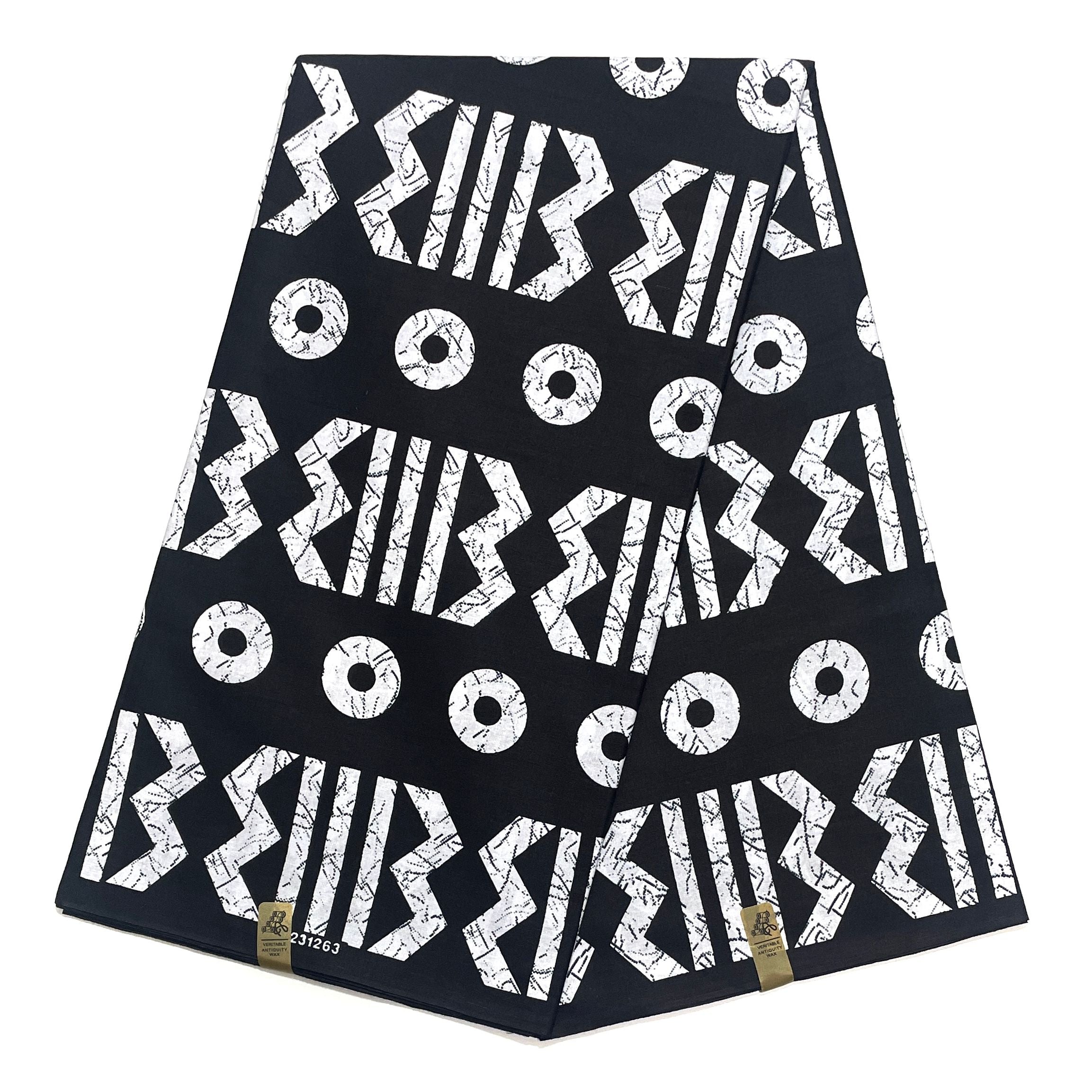 Wax Pagne Africain - Tissu 6 Yards 100% Coton - BOGOLAN NOIR / BLANC