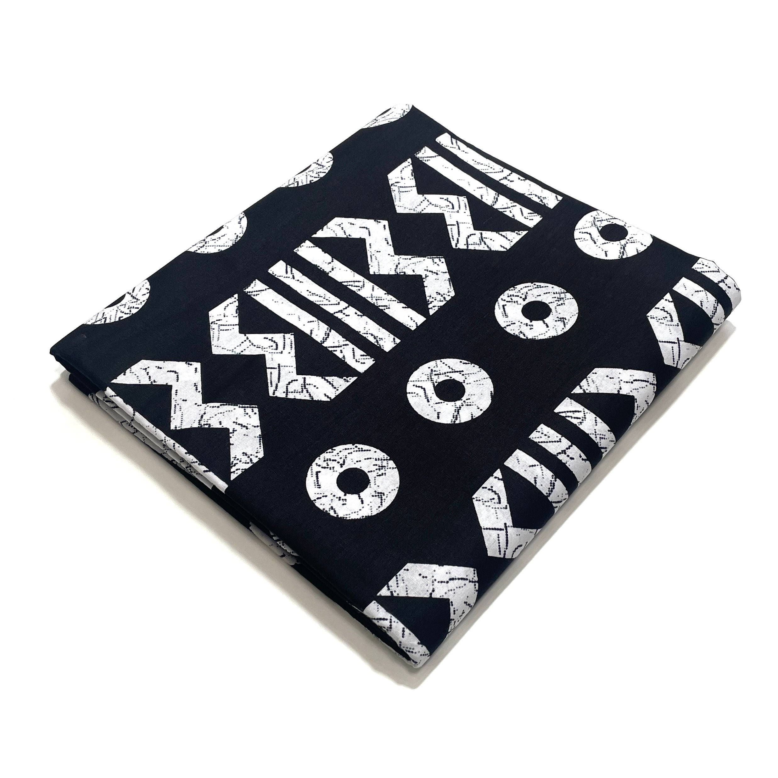 Wax Tissu Pagne Africain - Coupon 2 Yards 100% Coton - BOGOLAN NOIR / BLANC