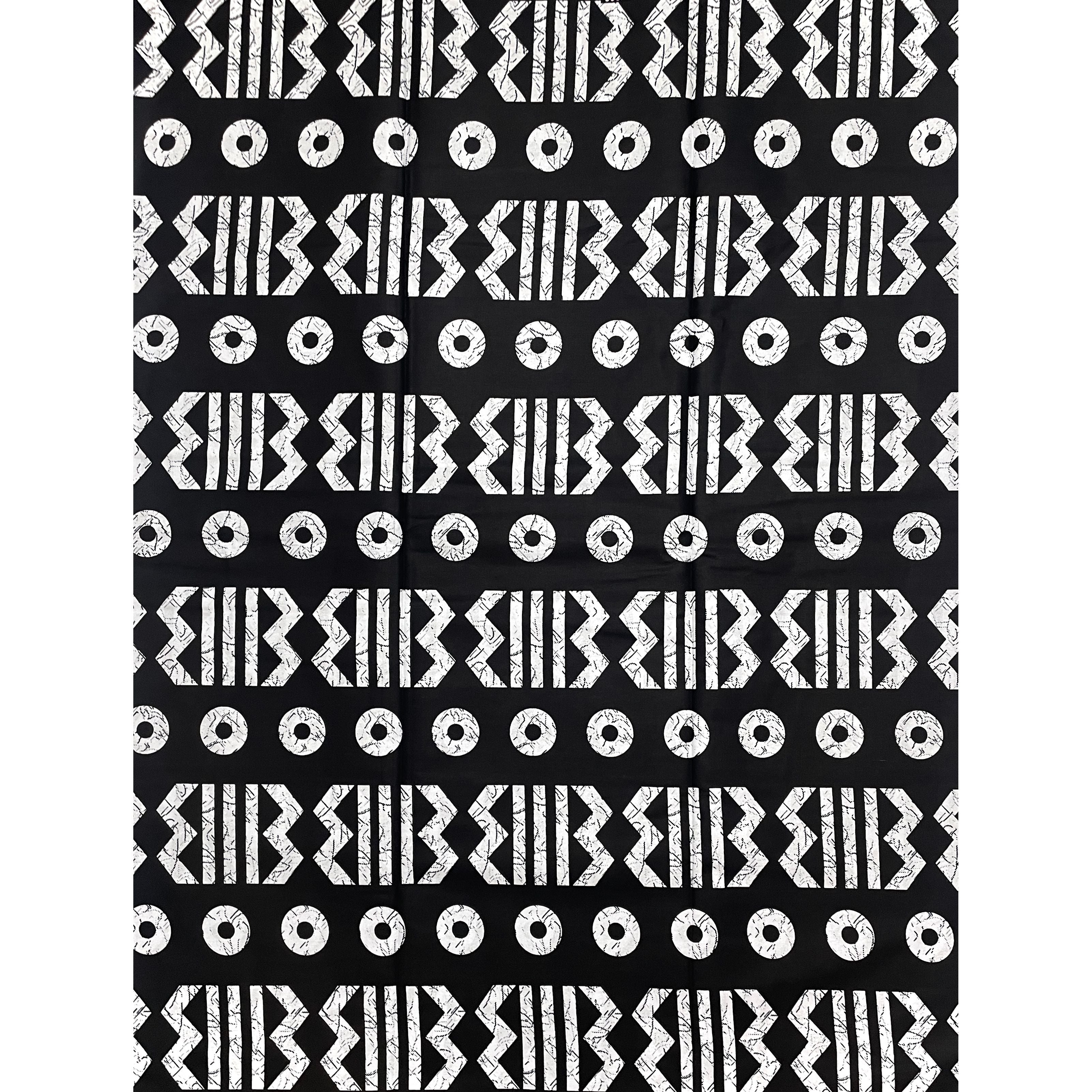 Wax Pagne Africain - Tissu 6 Yards 100% Coton - BOGOLAN NOIR / BLANC