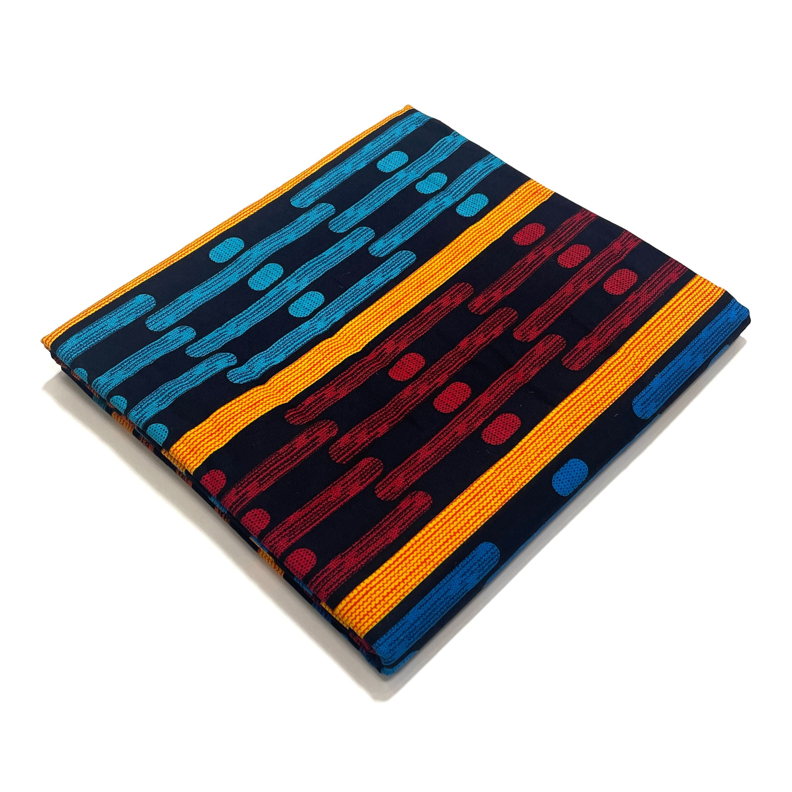 Wax Tissu Pagne Africain - Coupon 2 Yards 100% Coton - BOGOLAN BLEU / ROUGE