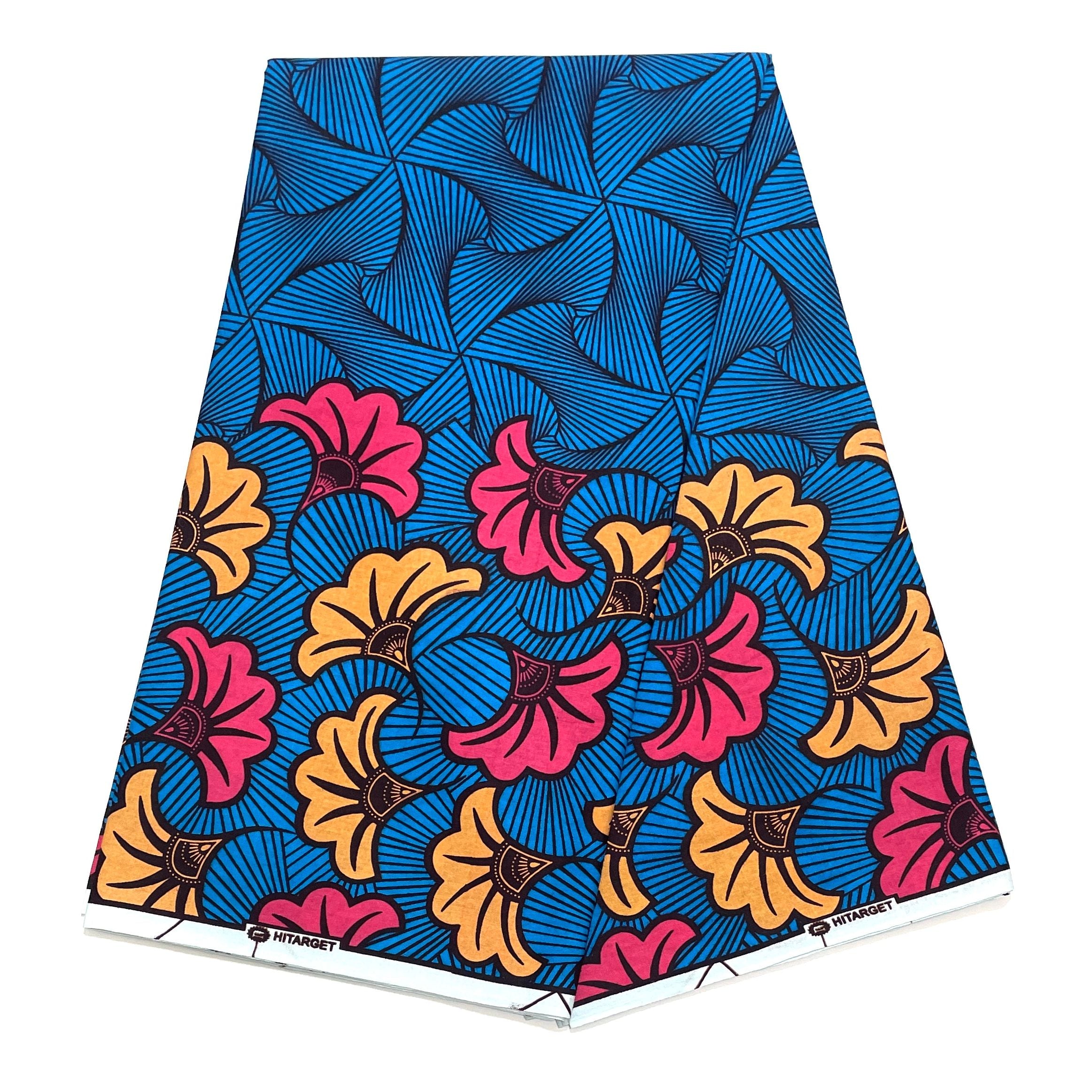 Wax Tissu Pagne Africain - Coupon 2 Yards 100% Coton - BLEU / ROSE