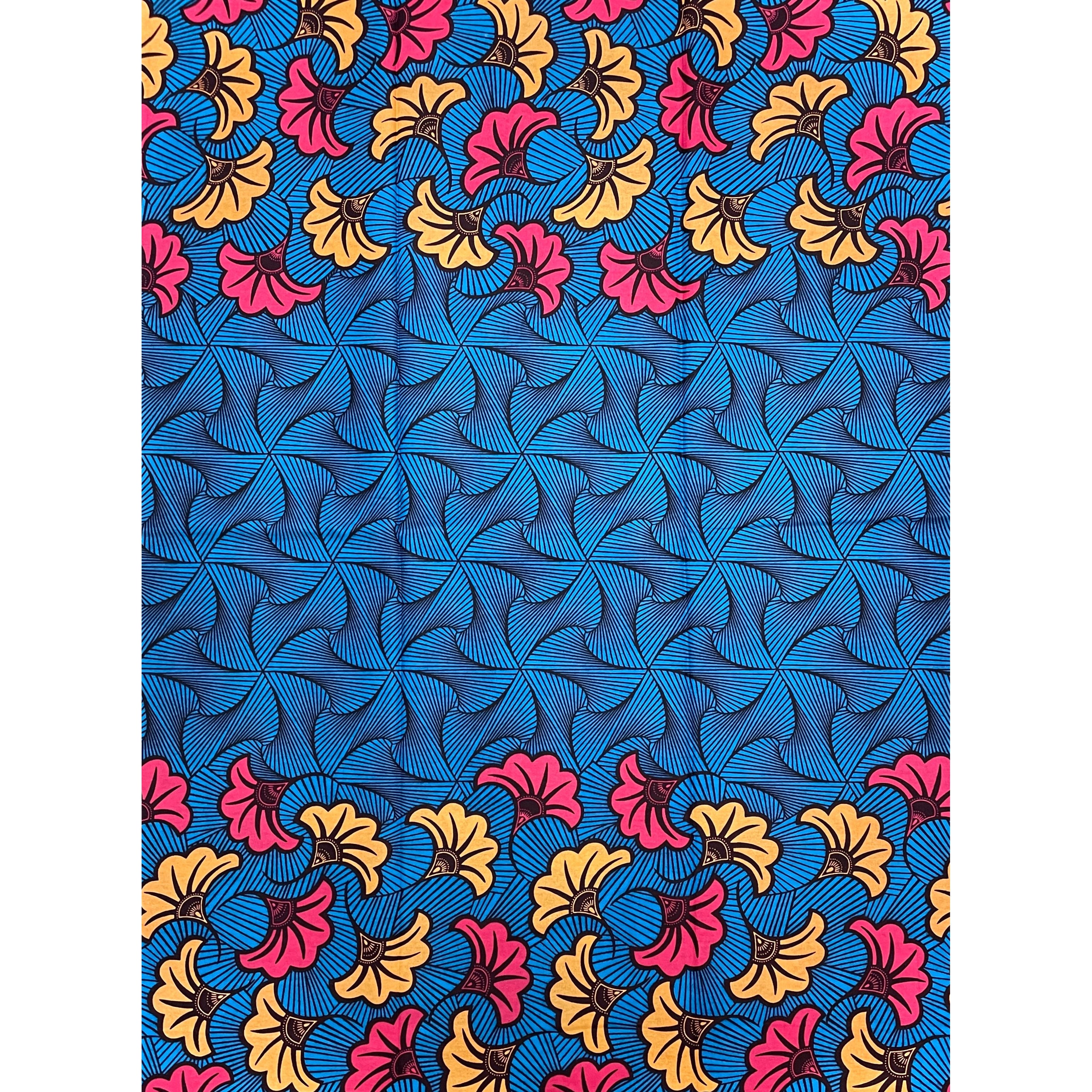 Wax Pagne Africain - Tissu 6 Yards 100% Coton - BLEU / ROSE