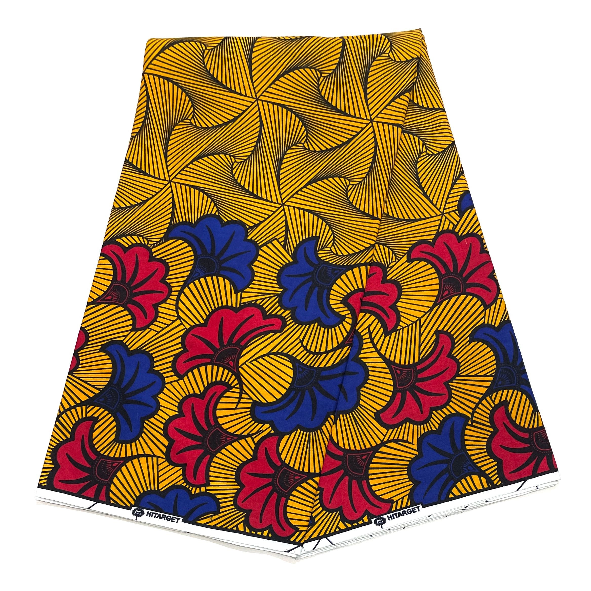 Wax Tissu Pagne Africain - Coupon 2 Yards 100% Coton - DORÉ / ROUGE / BLEU