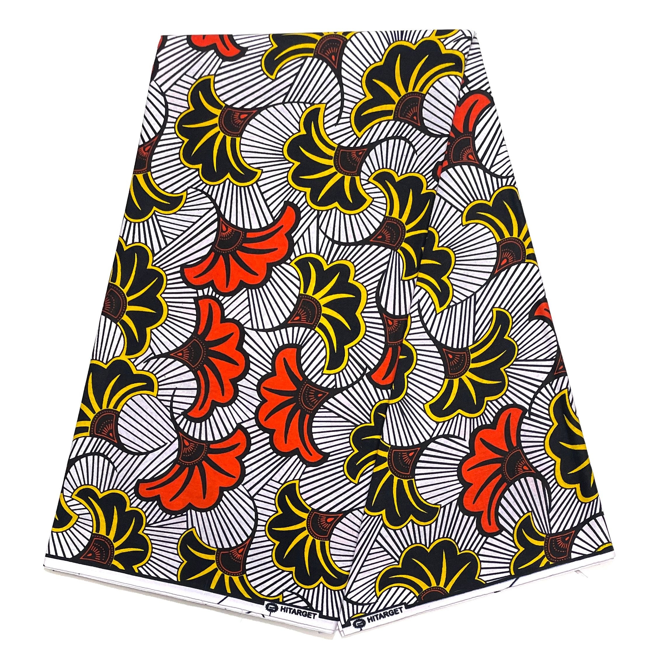Wax Pagne Africain - Tissu 6 Yards 100% Coton - BLANC / NOIR / ORANGE