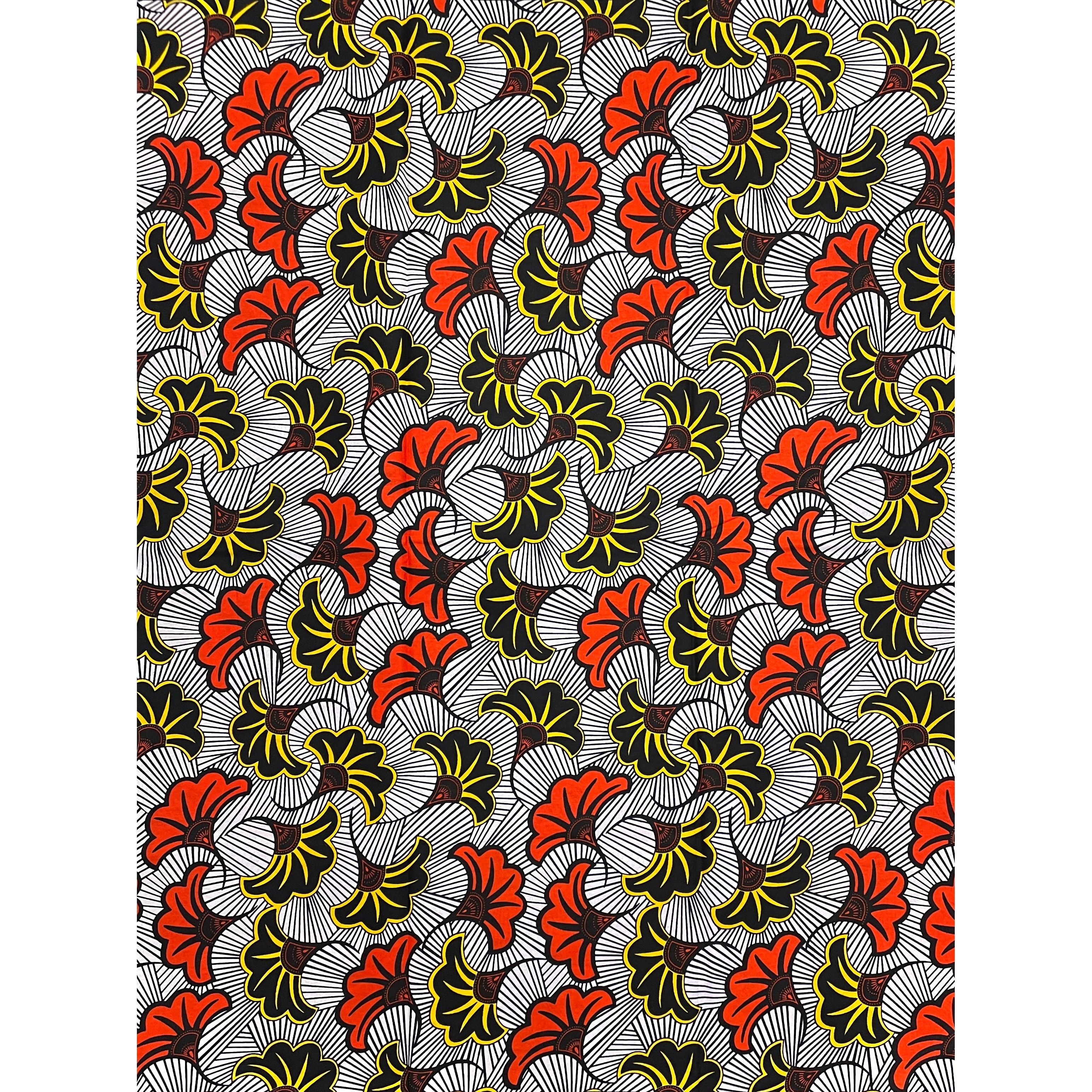 Wax Tissu Pagne Africain - Coupon 2 Yards 100% Coton - BLANC / NOIR / ORANGE