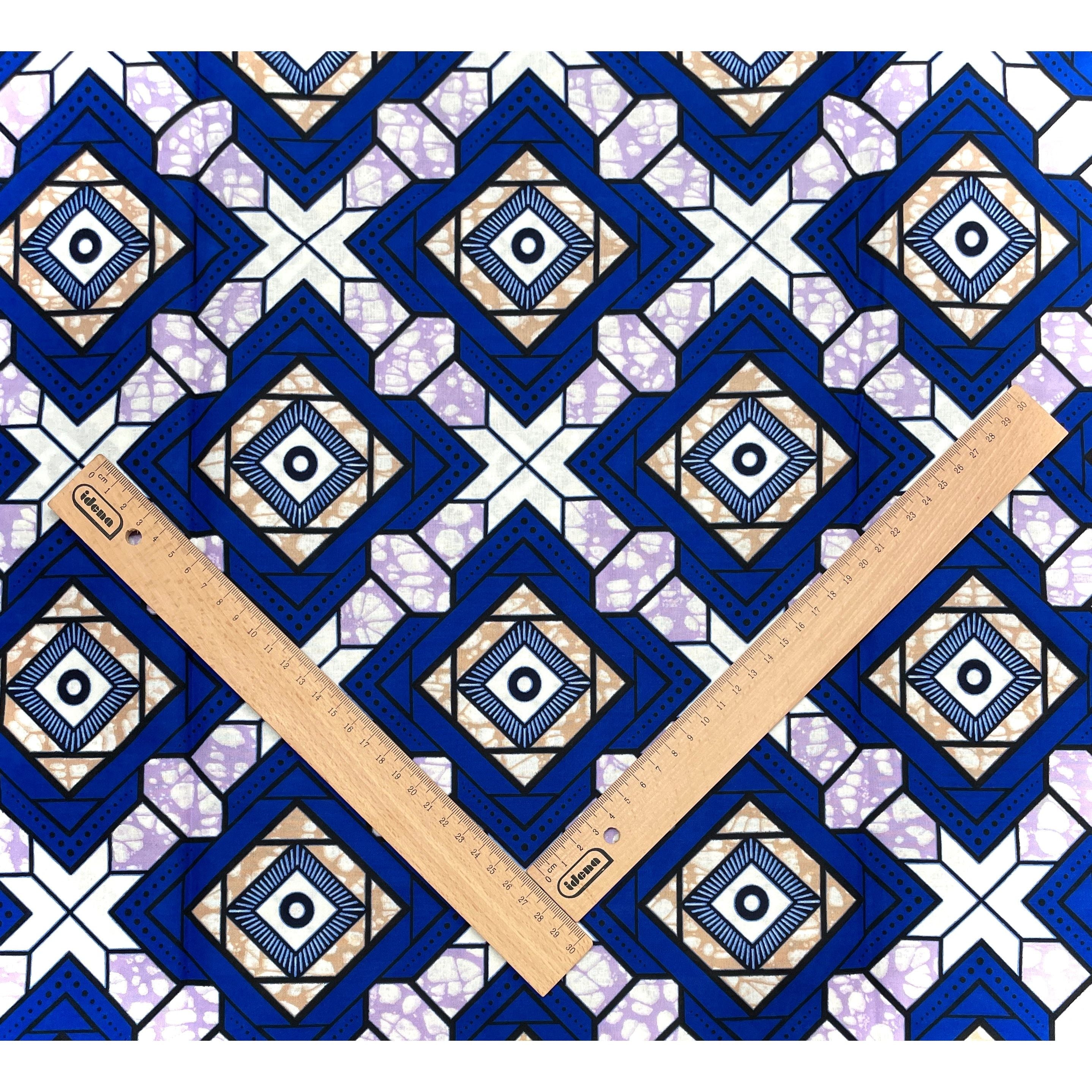 Wax Tissu Pagne Africain - Coupon 2 Yards 100% Coton - BLEU / MAUVE