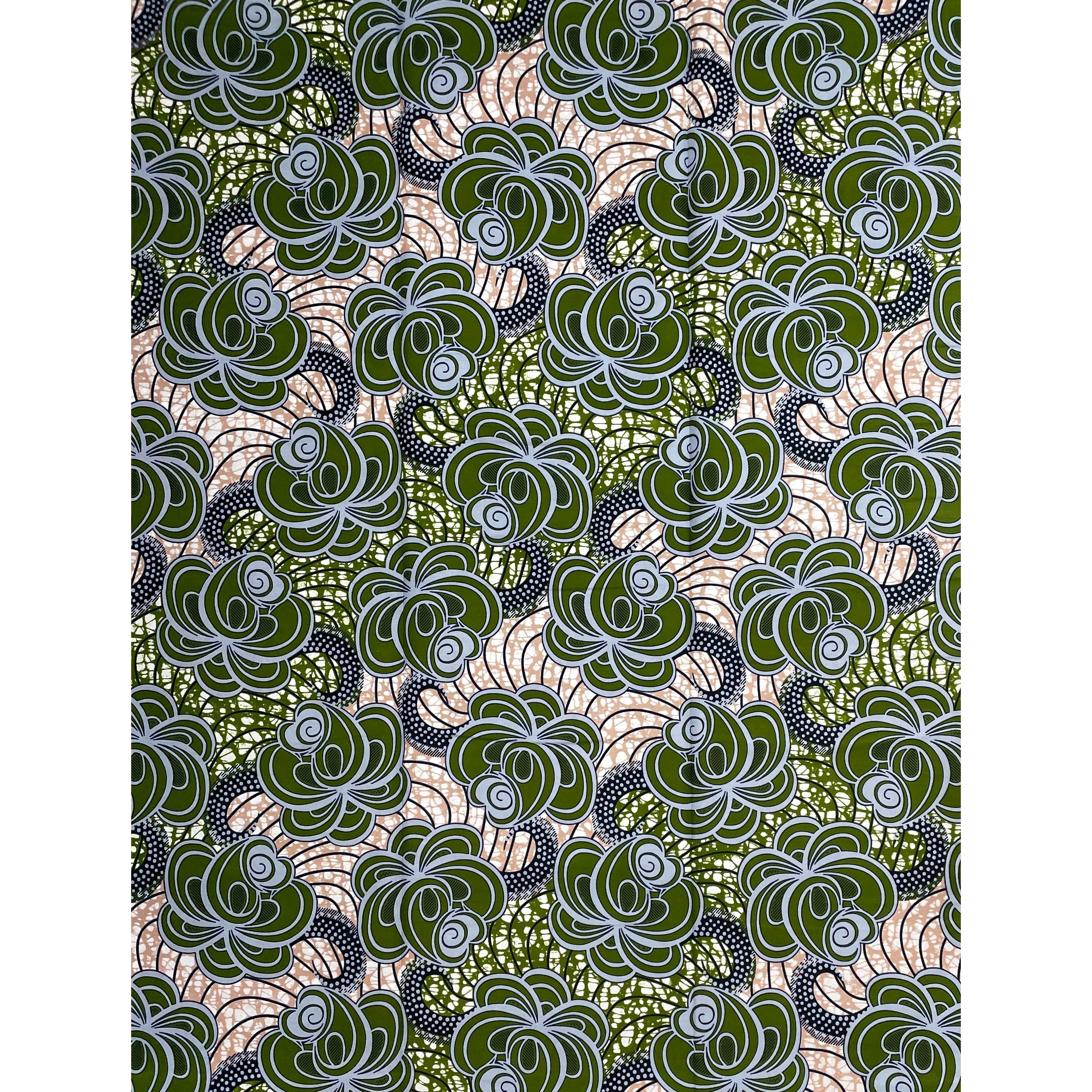 Wax Pagne Africain - Tissu 6 Yards 100% Coton - VERT / GRIS