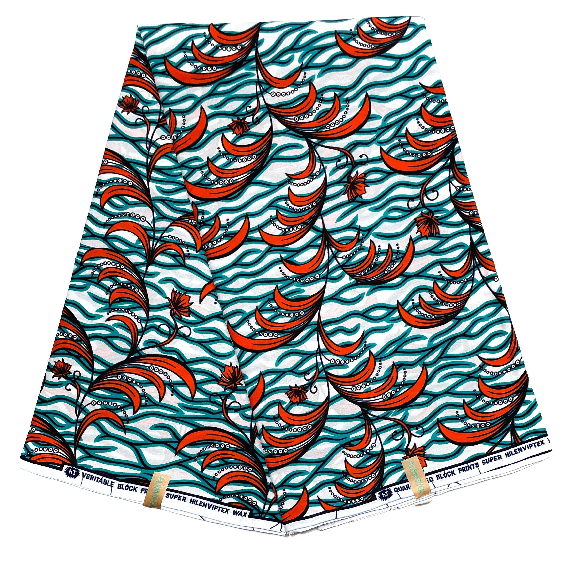 Wax Pagne Africain - Tissu 100% Coton - BLANC / ORANGE