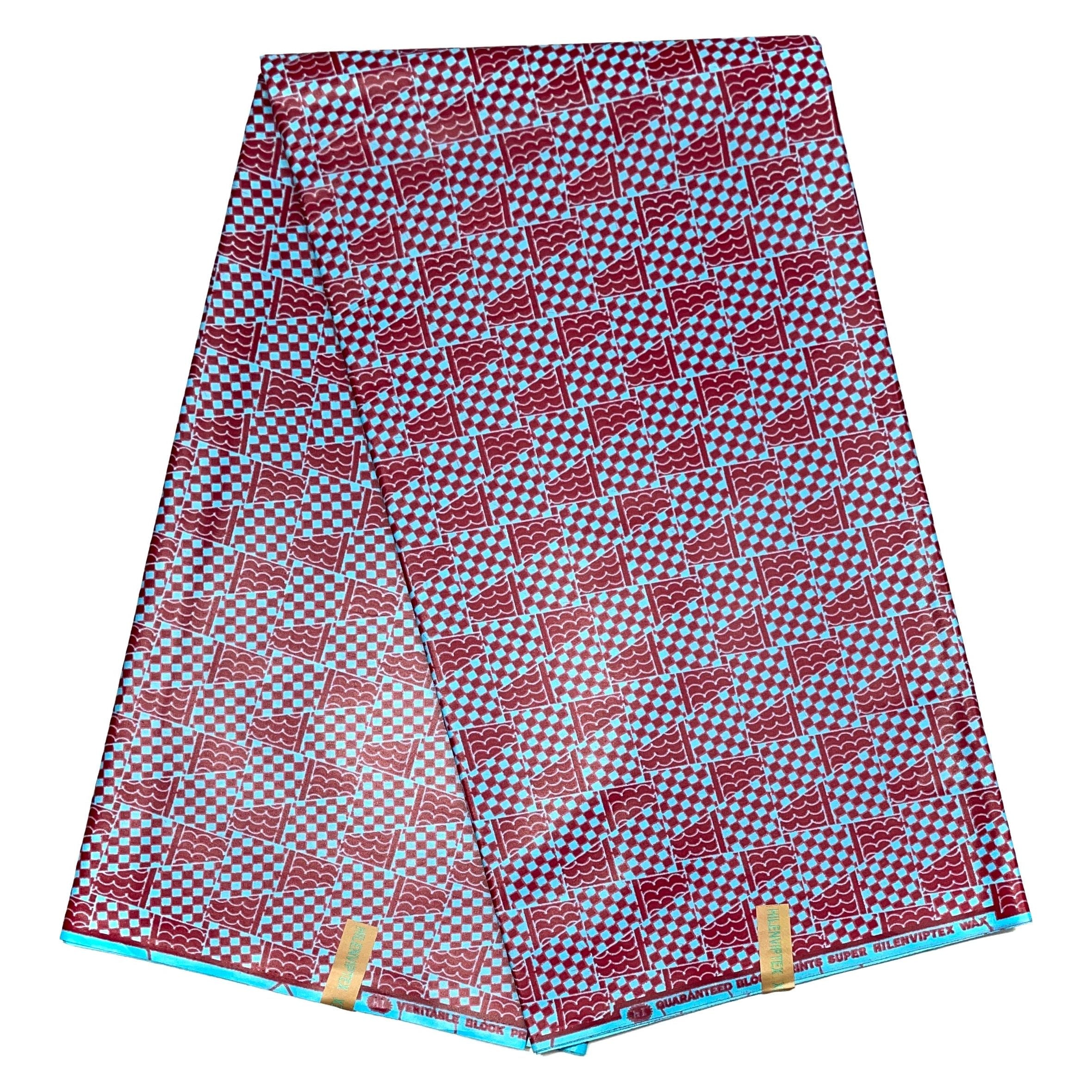 Wax Pagne Africain - Tissu Satiné 6 Yards 100% Coton - BORDEAUX / BLEU CIEL