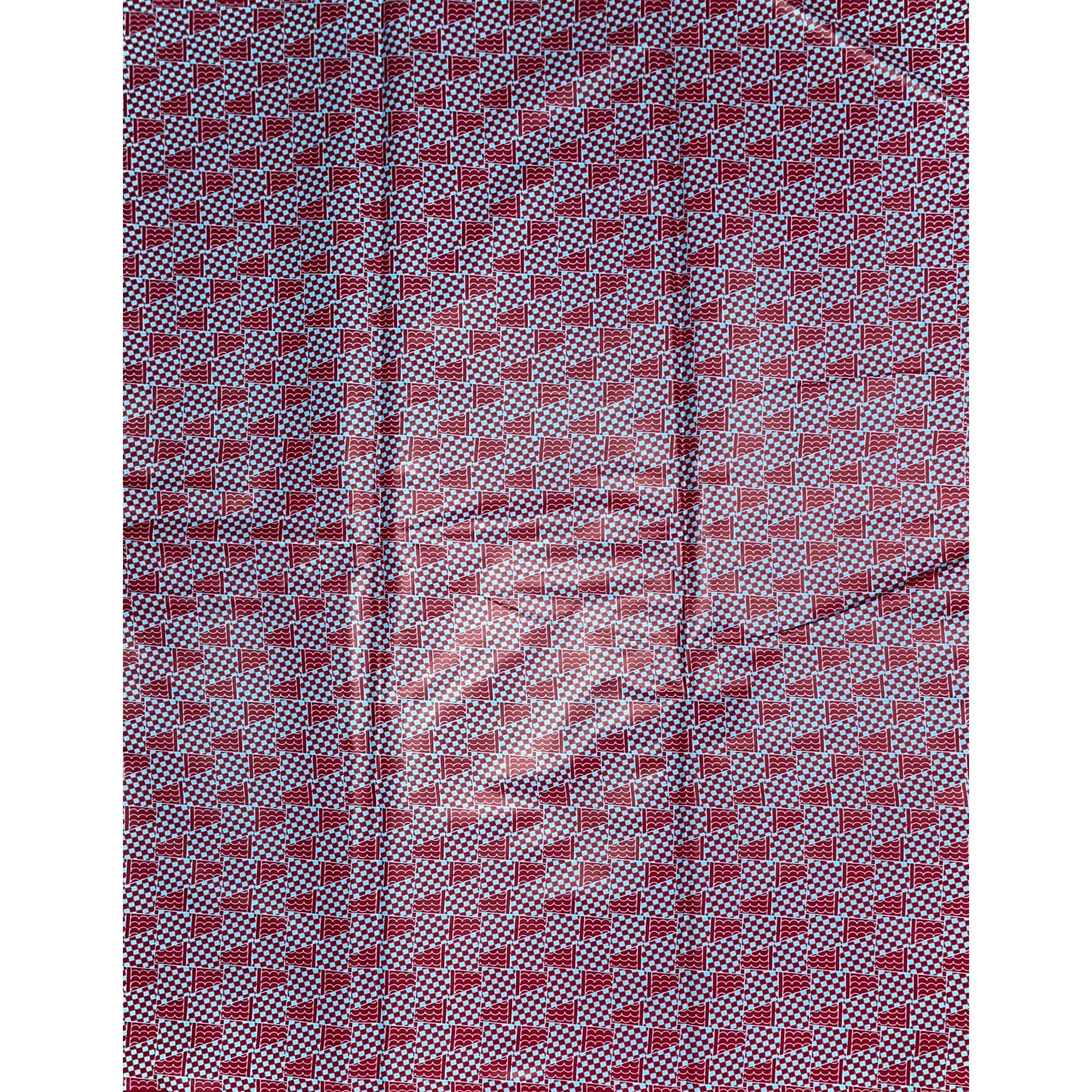 Wax Pagne Africain - Tissu Satiné 6 Yards 100% Coton - BORDEAUX / BLEU CIEL