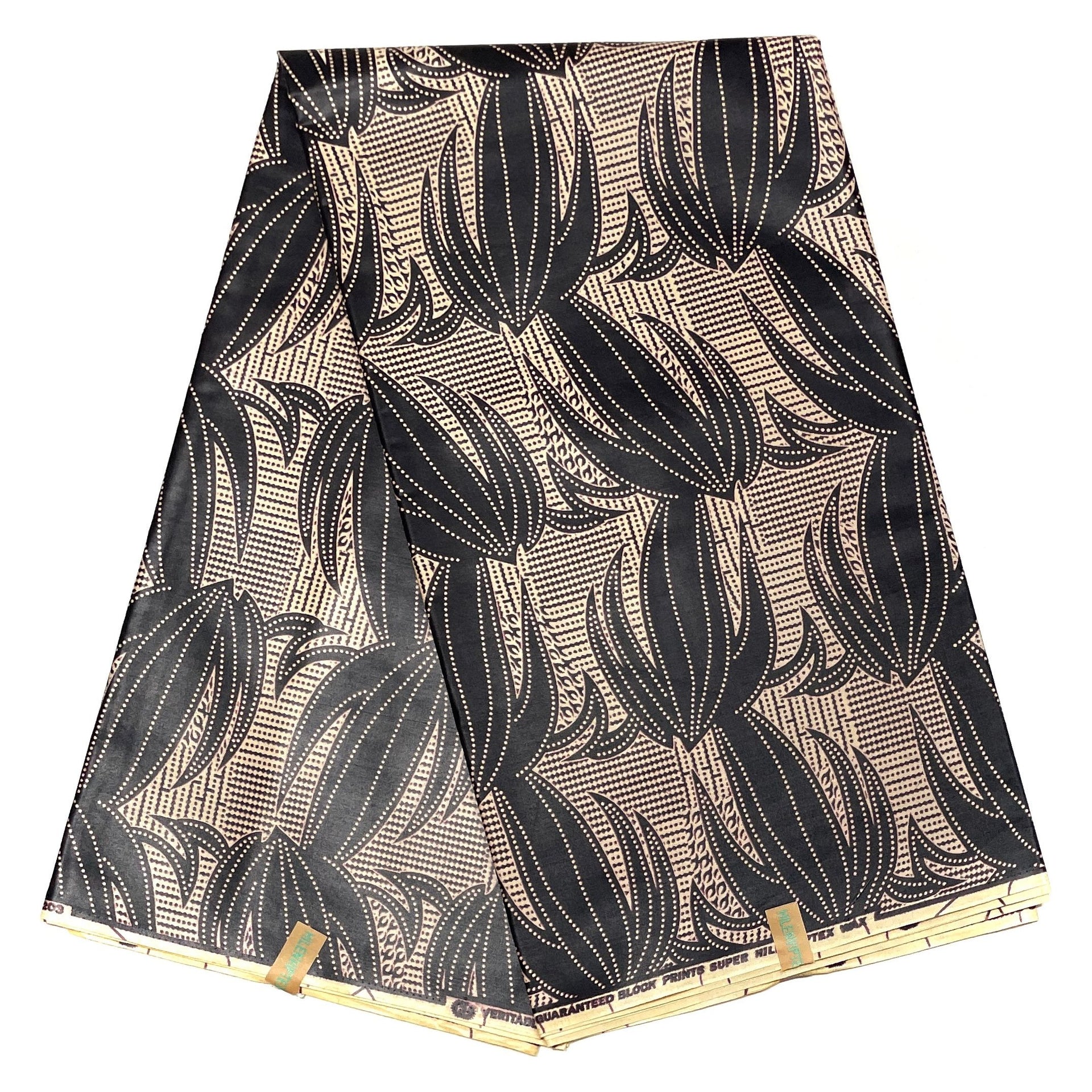 African Wax Print - Satin Fabric 6 Yards 100% Cotton - BLACK / BEIGE