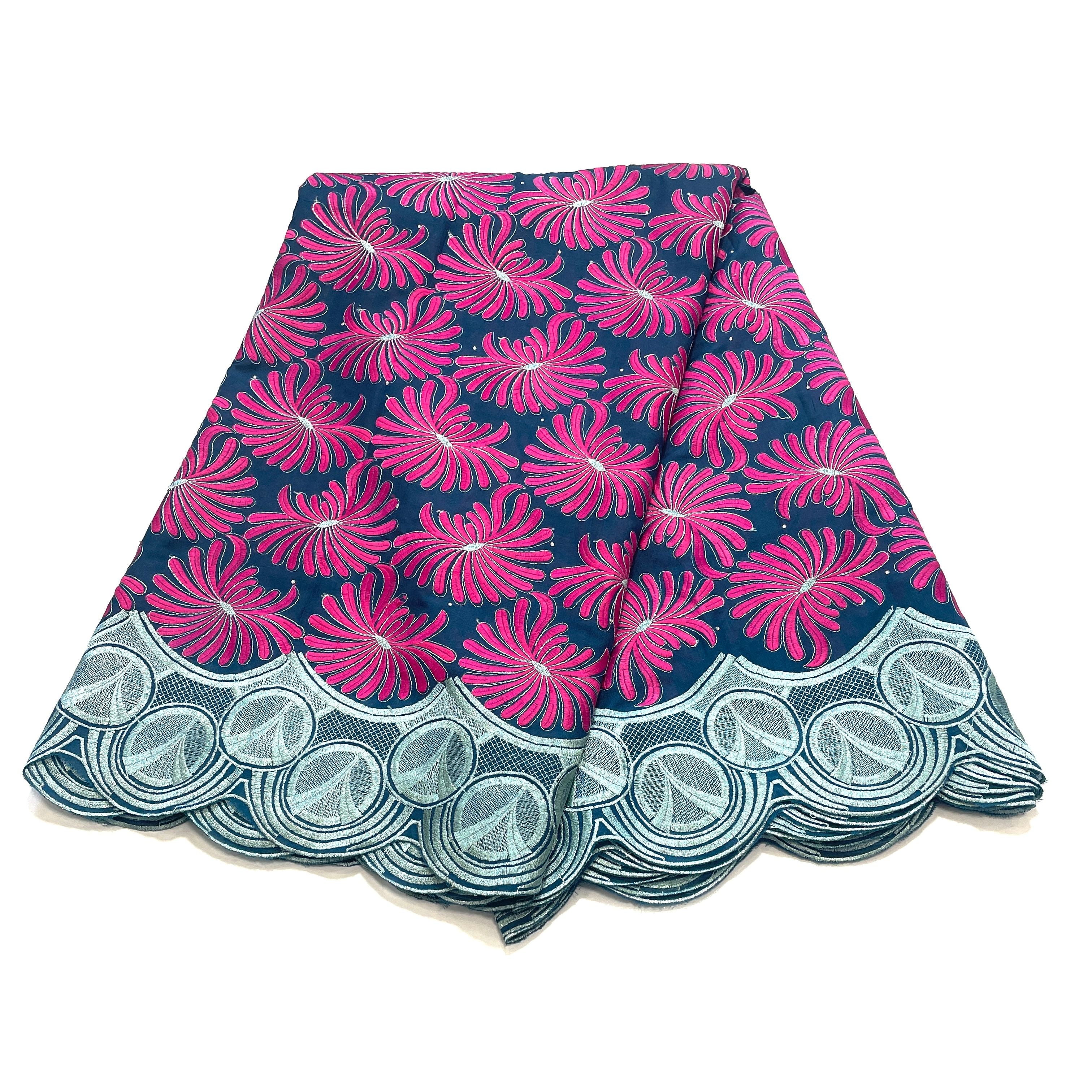 Brodé Broderie type SWISS LACE -  Tissu African 5 Yards - ROSE / BLEU