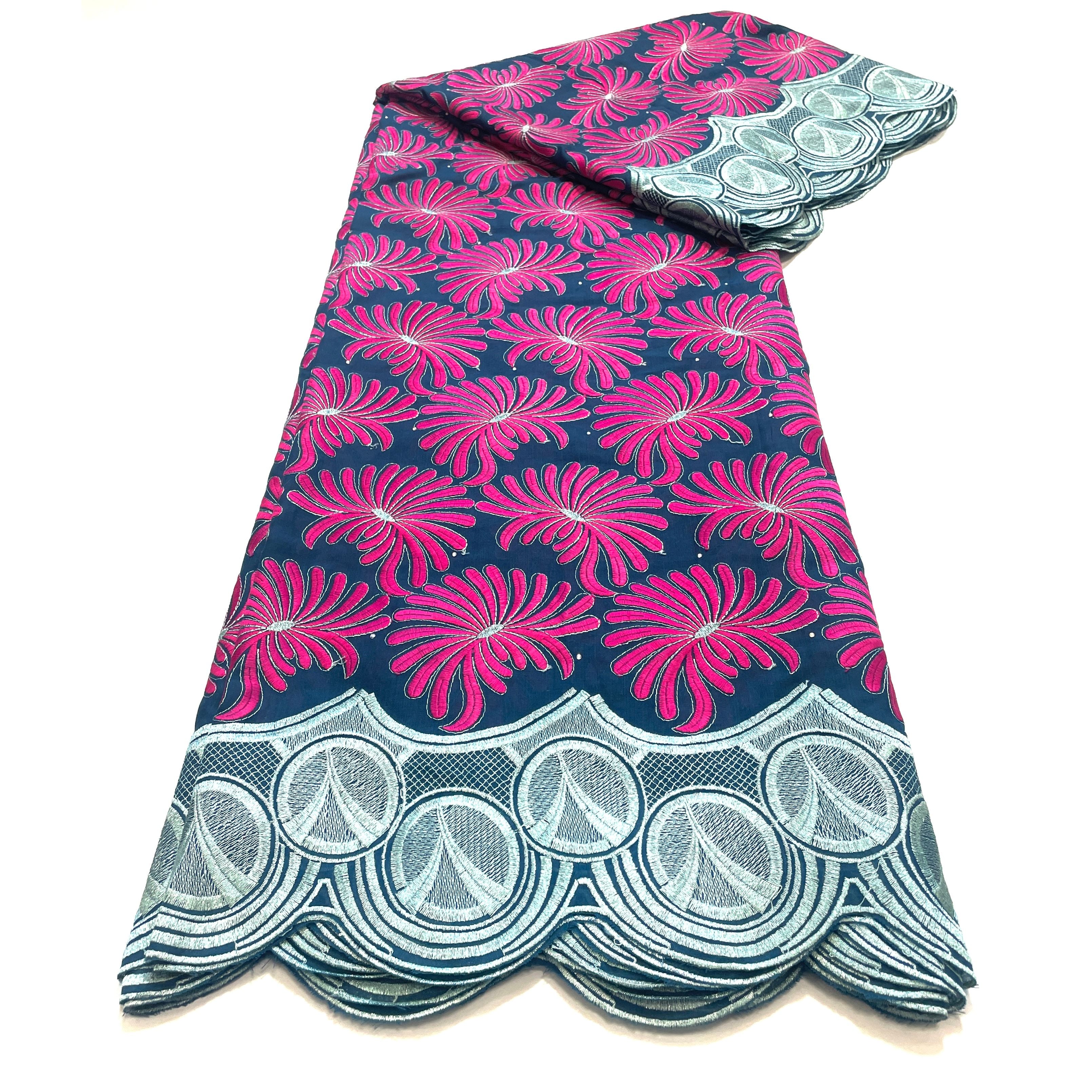 Brodé Broderie type SWISS LACE -  Tissu African 5 Yards - ROSE / BLEU