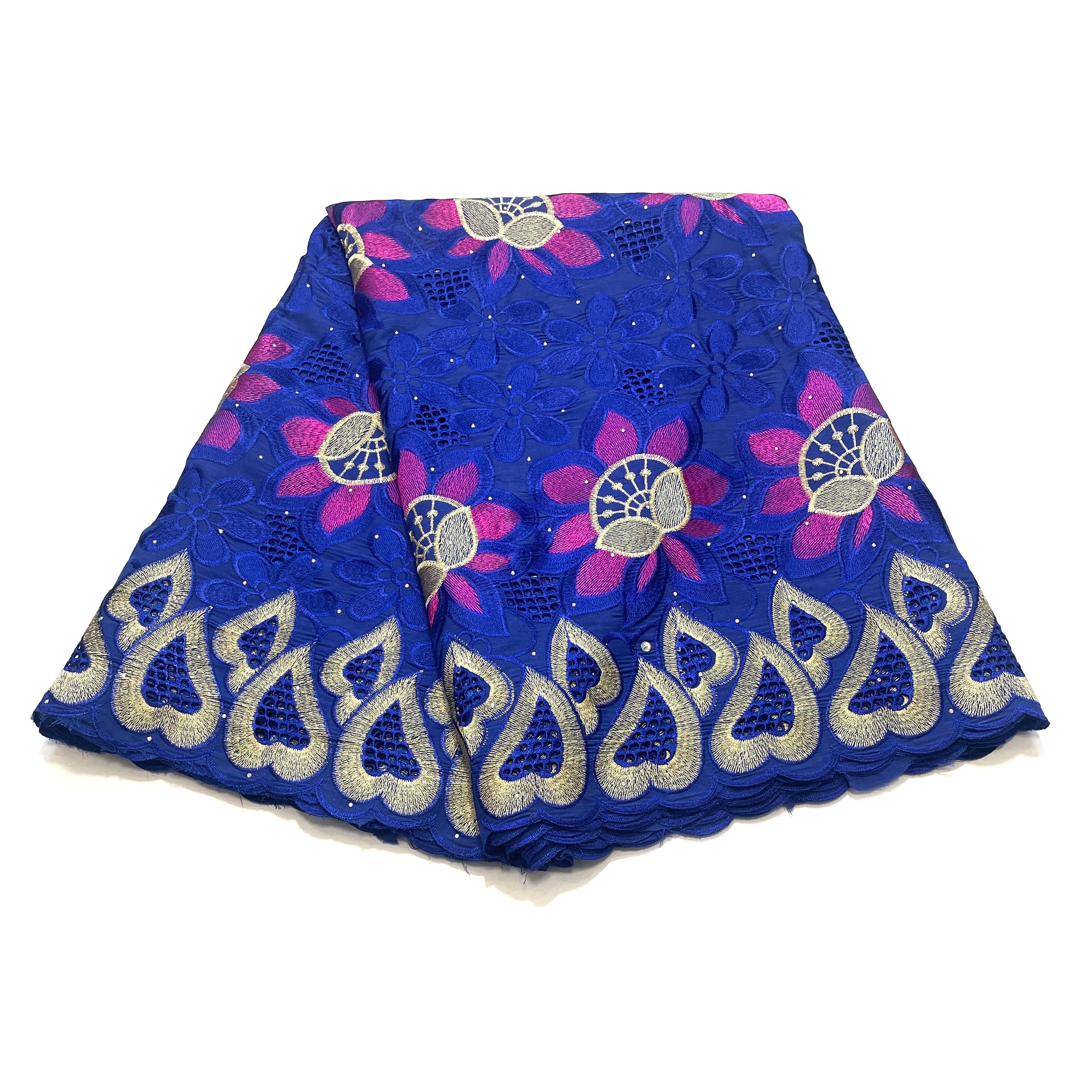 Brodé Broderie type SWISS LACE -  Tissu African 5 Yards - BLEU / ROSE