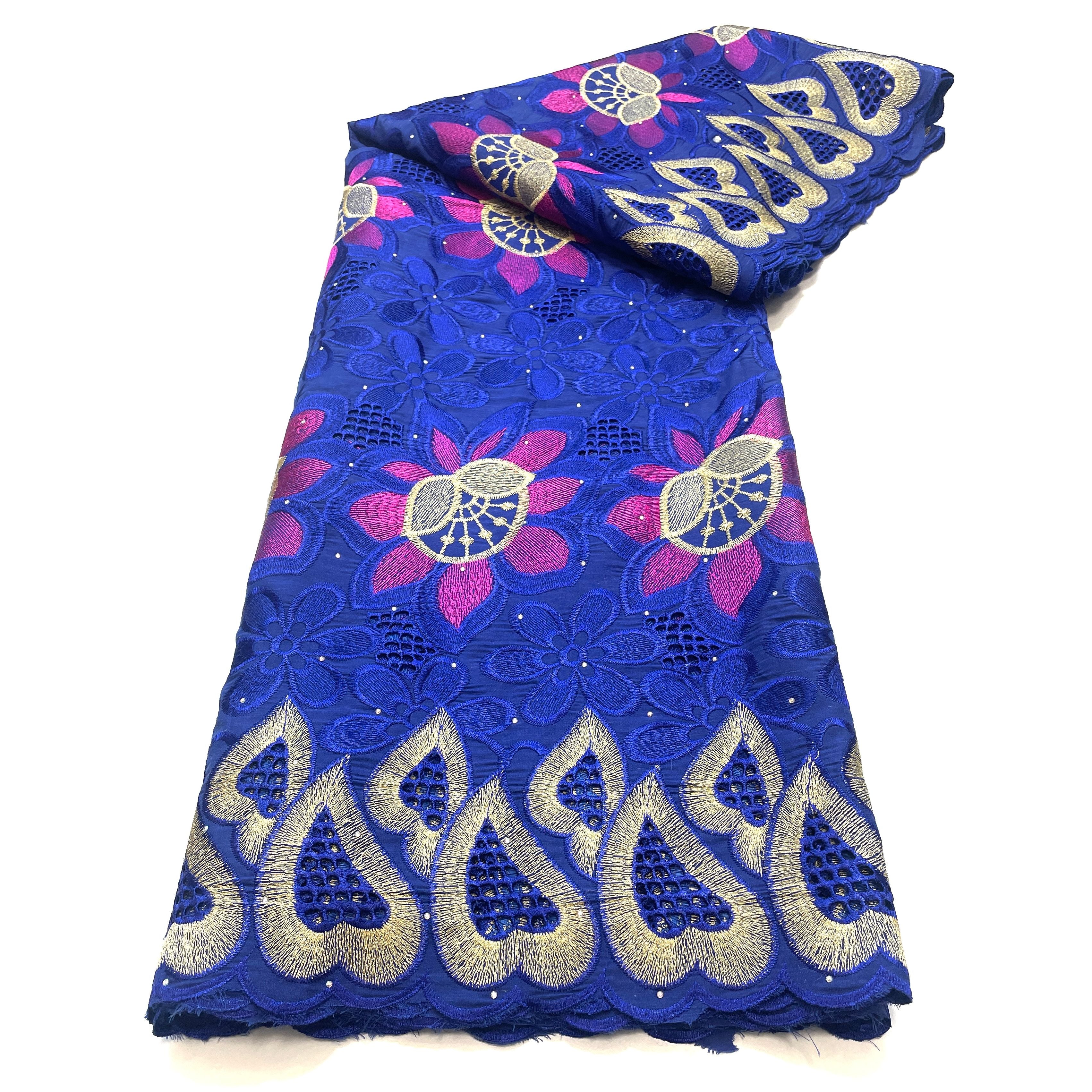 Brodé Broderie type SWISS LACE -  Tissu African 5 Yards - BLEU / ROSE