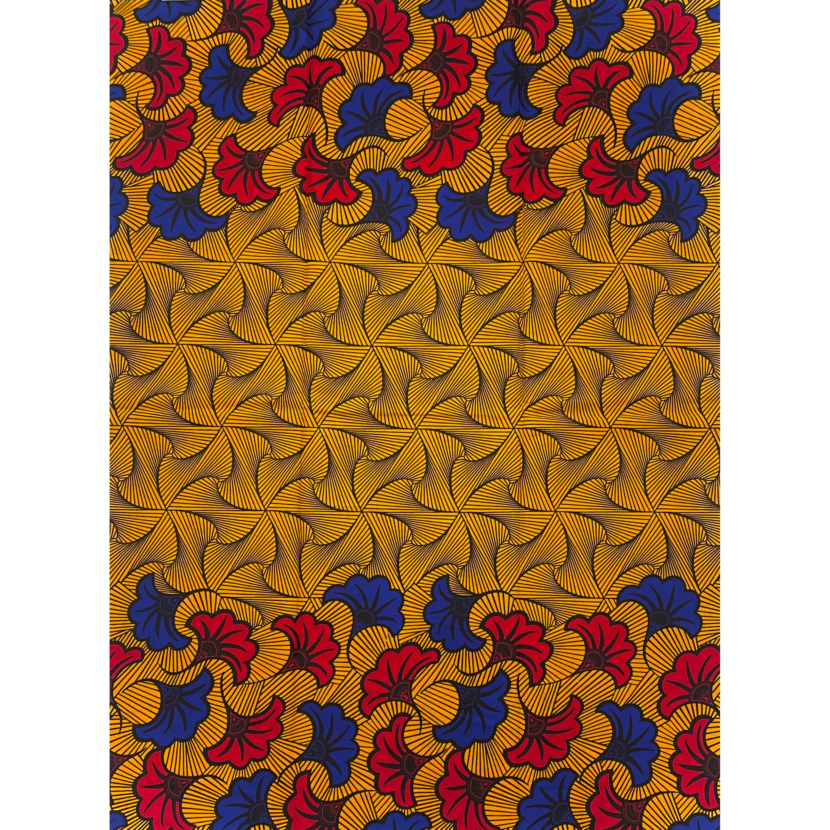 Wax Tissu Pagne Africain - Coupon 2 Yards 100% Coton - DORÉ / ROUGE / BLEU