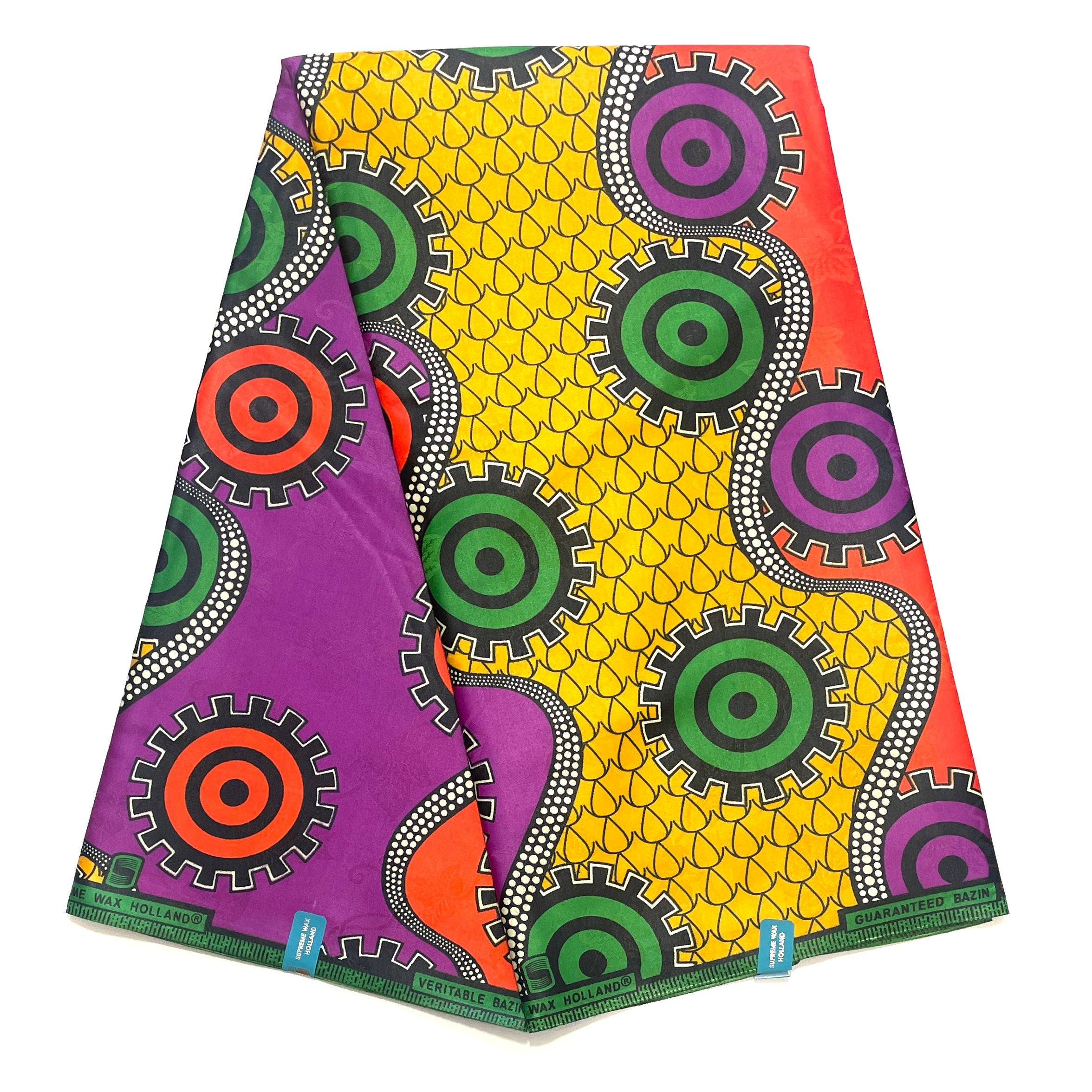 Supreme Bazin Wax Pagne Africain - Tissu 6 Yards Coton - VIOLET / JAUNE / ORANGE